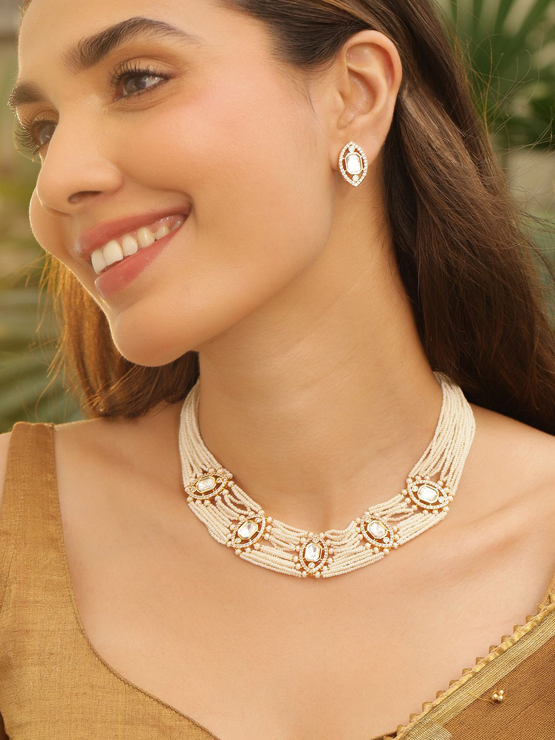 Rubans 22K Gold-Plated Kundan & CZ Studded and Off-White Pearl Bead MultiStrand Choker Set