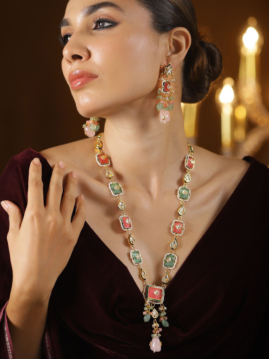 Rubans 22K Gold-Plated Enamel Kundan Necklace Set with Pastel Pink Green Beads & CZ Accent