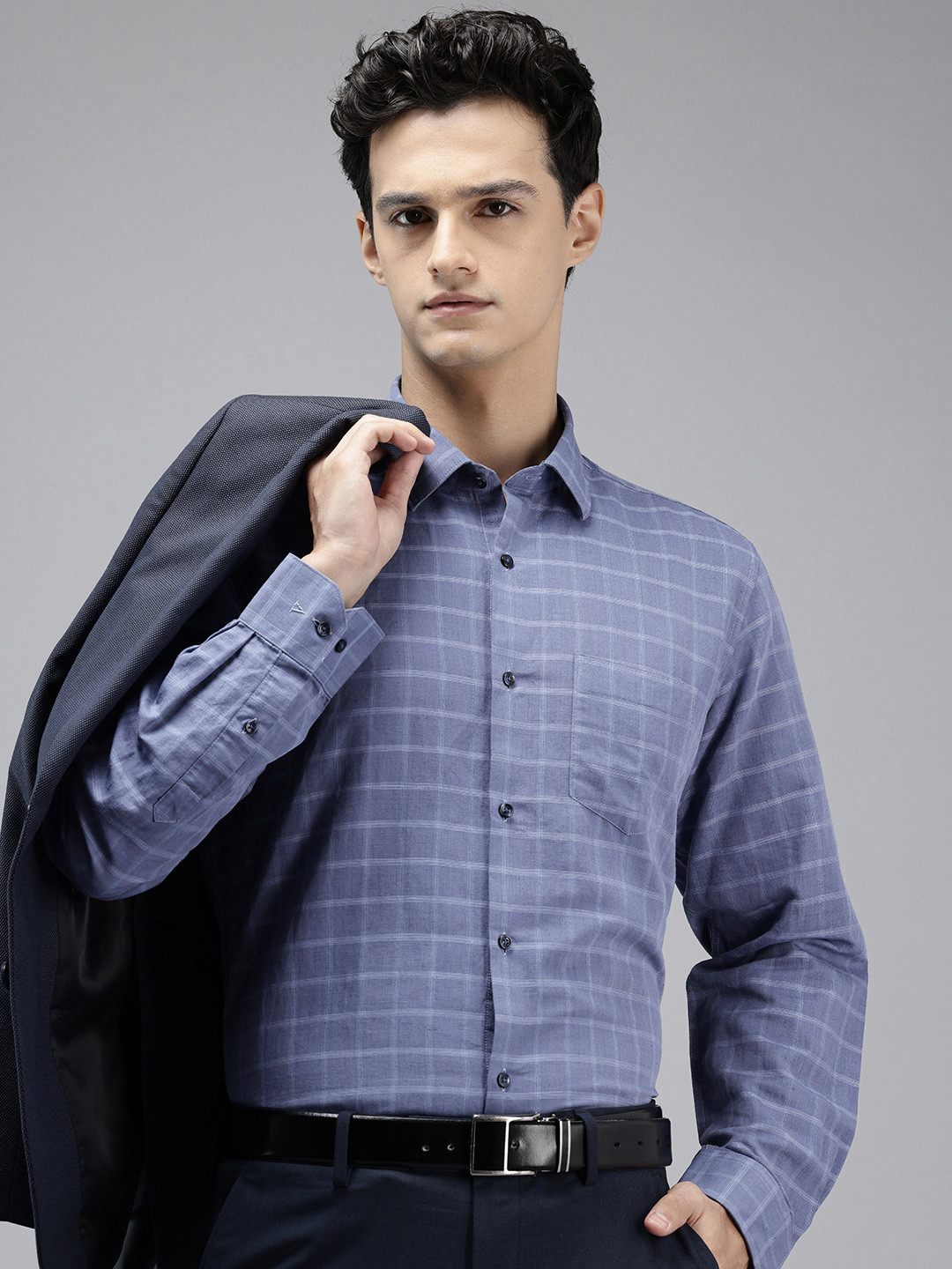 Van Heusen Linen-Cotton Custom Fit Grid Tattersall Checks Formal Shirt