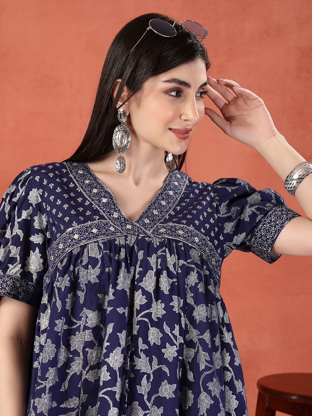 Sangria Motif Printed Cotton V Neck Ethnic Dress