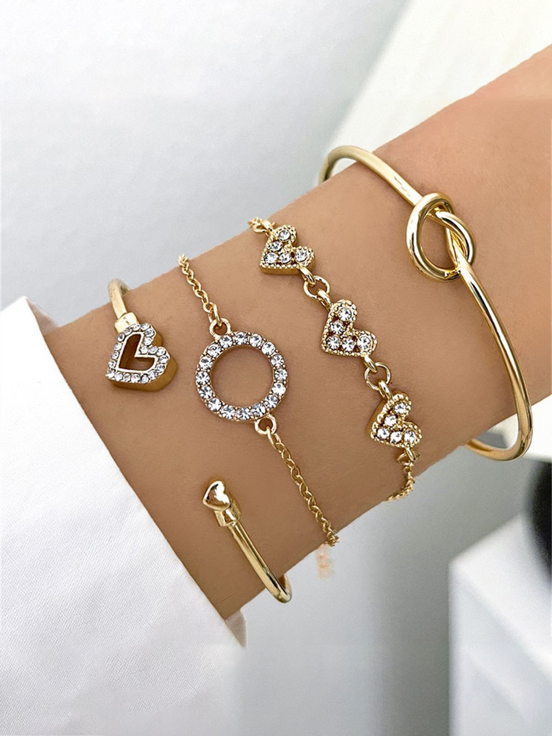 Shining Diva Fashion Set Of 4 Gold-Plated Crystals Studded Cuff Bracelets