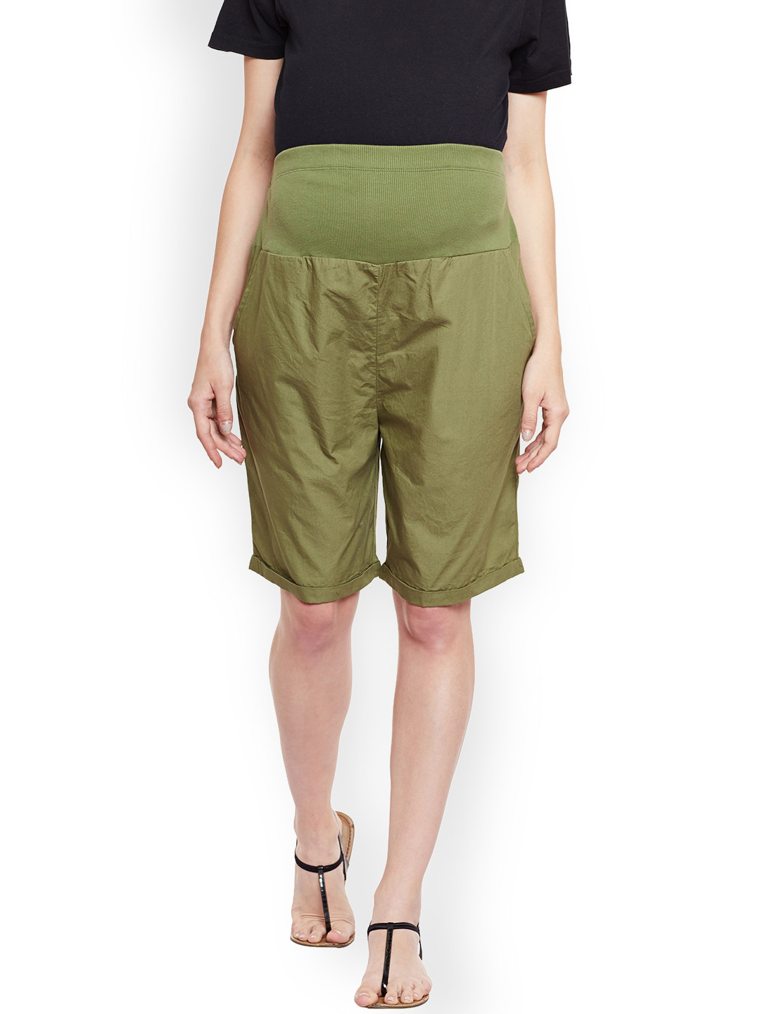 Oxolloxo Women Olive Green Solid Regular Fit Maternity Shorts