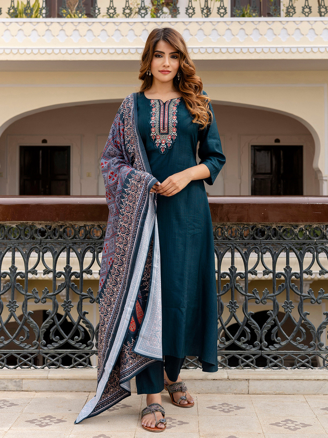 Trendmalls Floral Yoke Design Sequinned Panelled A-Line Kurta With Trousers & Dupatta