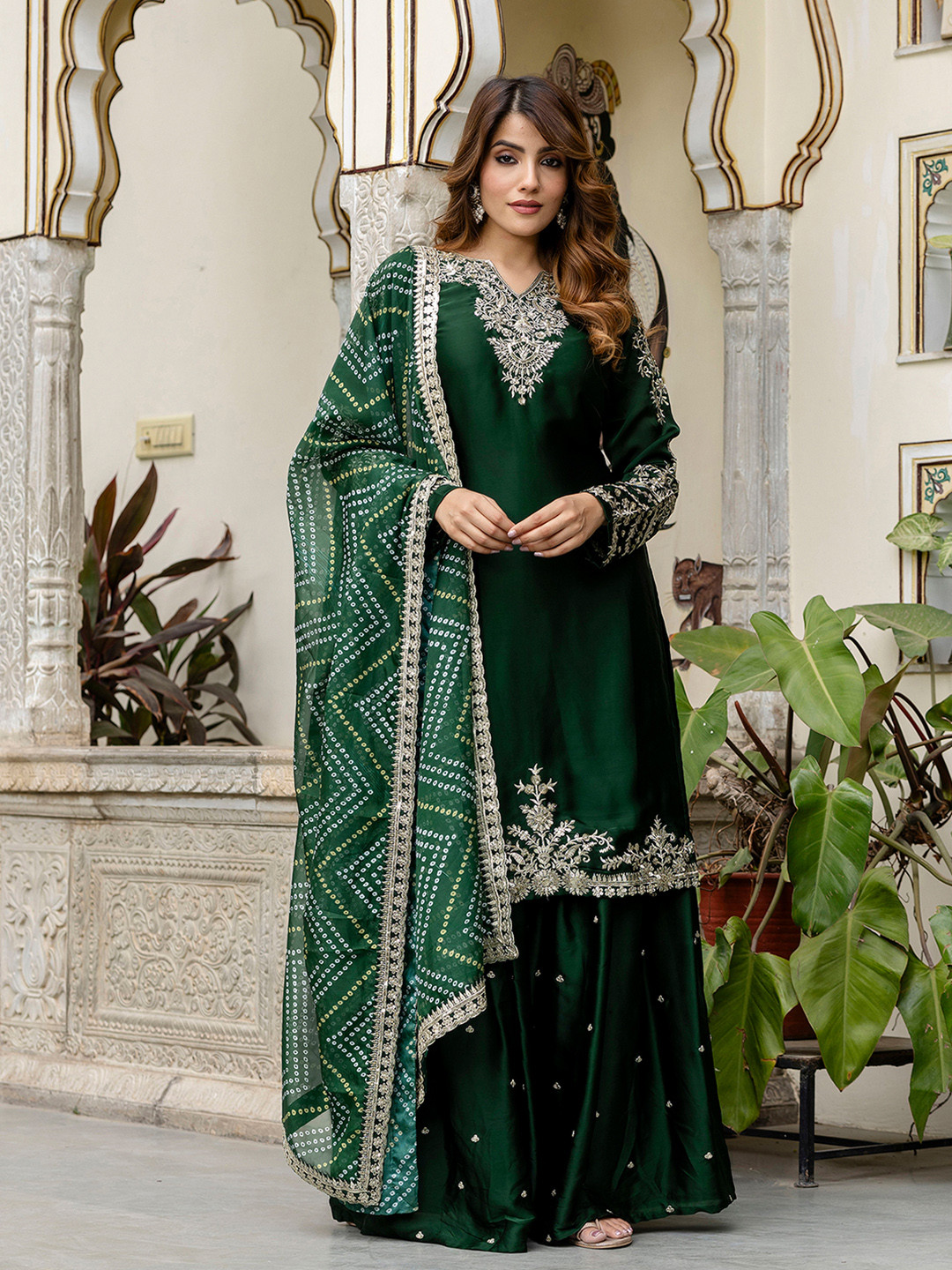 Trendmalls Women's Satin Embroidered Sequins Work Kurta Palazzo with Bandani Dupatta