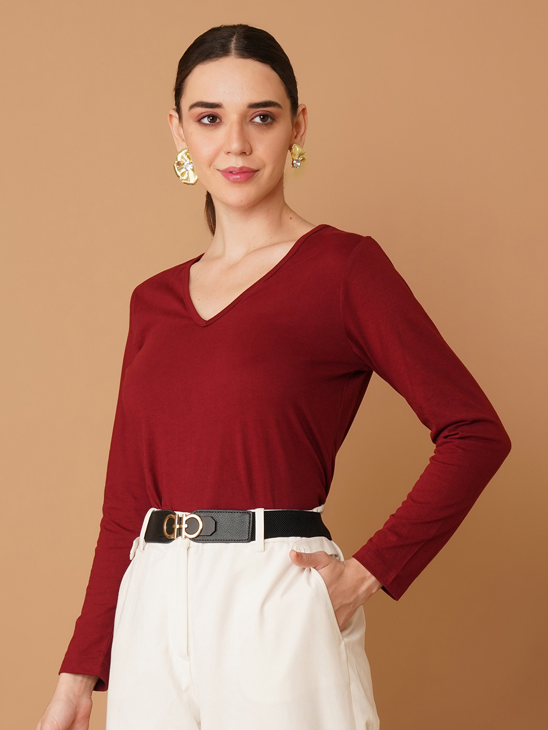 Chemistry Women Solid V Neck Long Sleeve Cotton Top