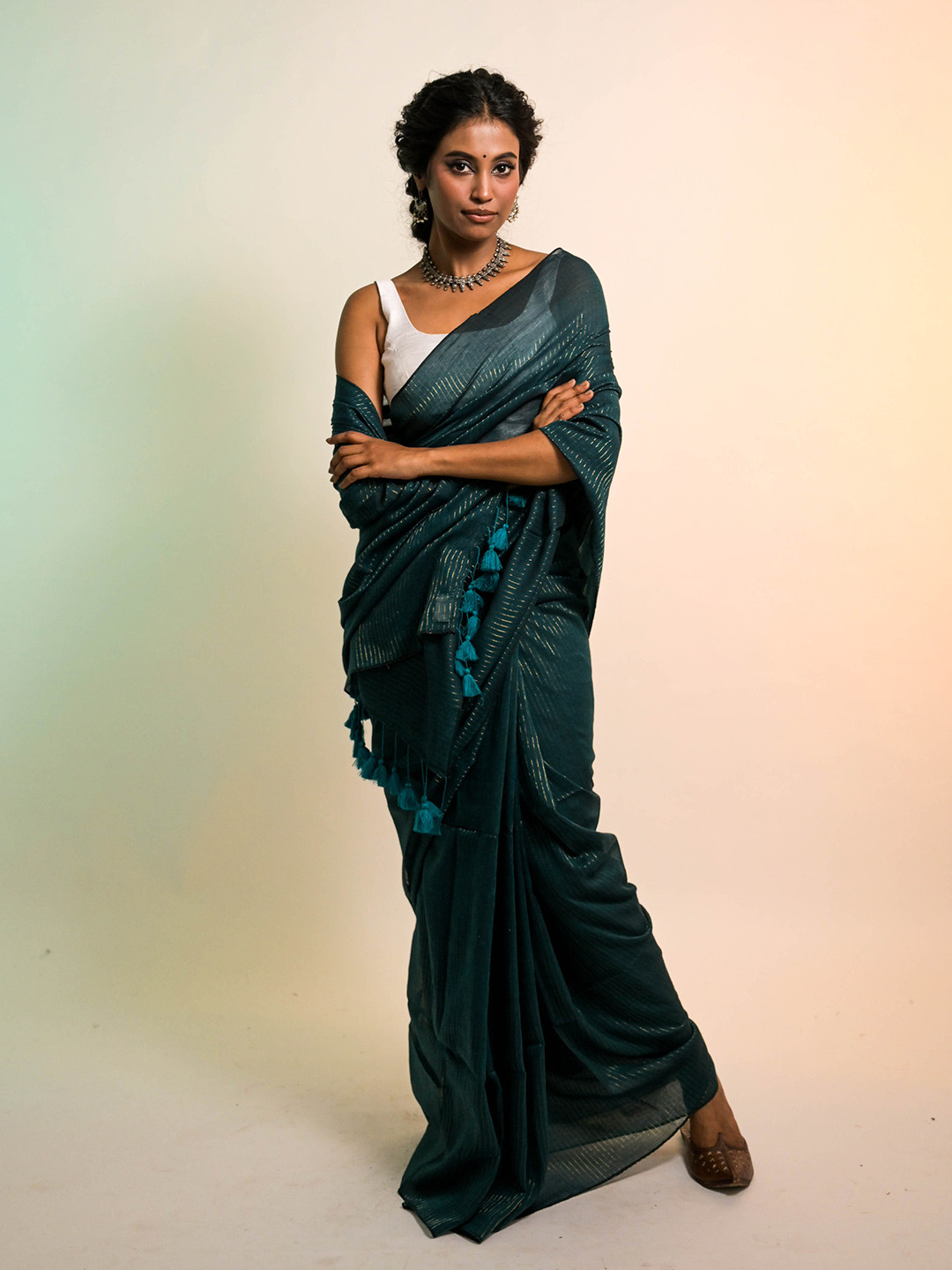 HUTS AND LOOMS Harit Shringaar Viridian Green Handloom Mul Cotton Saree with Zari Stripes