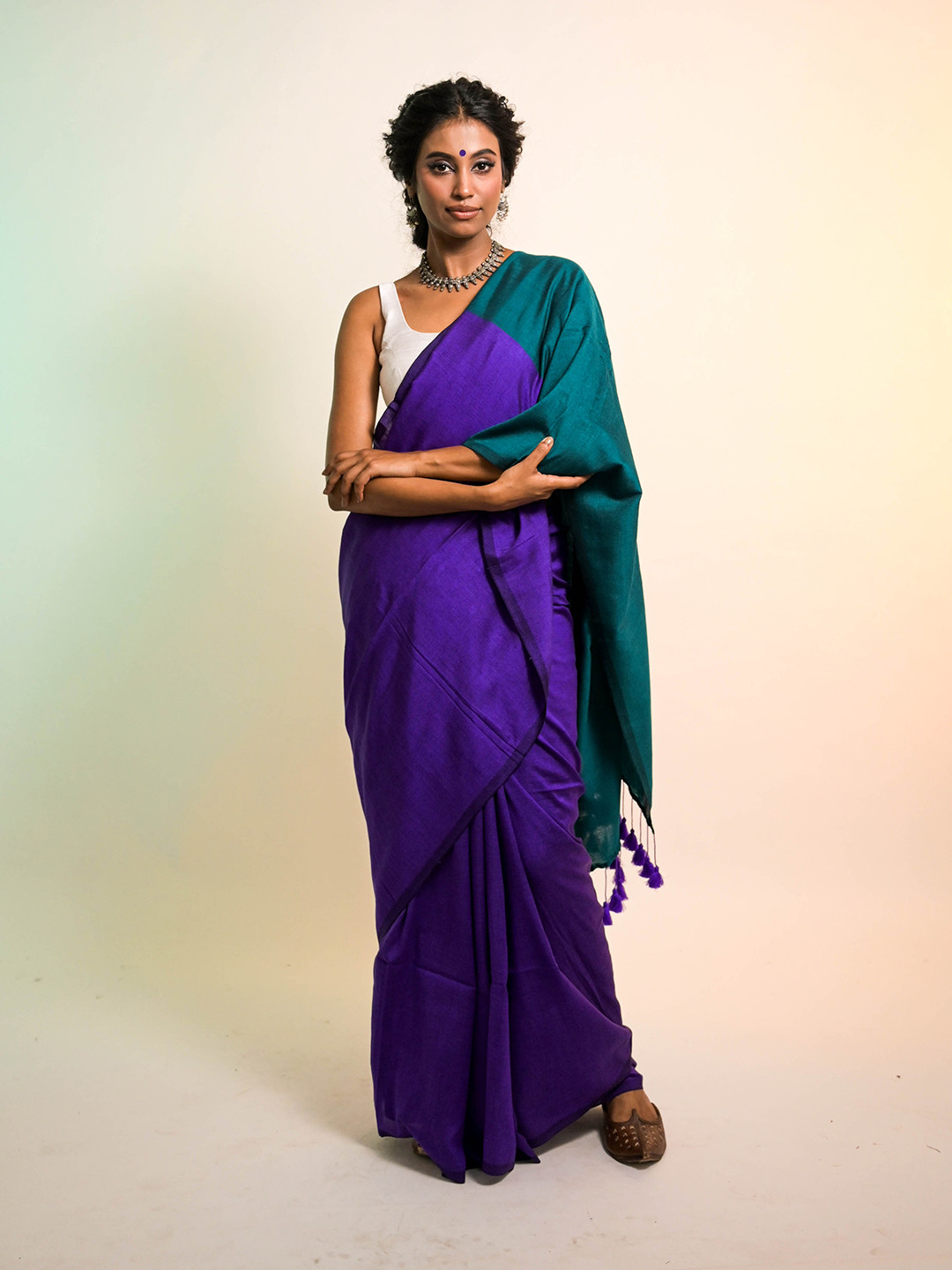 HUTS AND LOOMS Hawa Hawai Purple Cotton Acrylic Saree