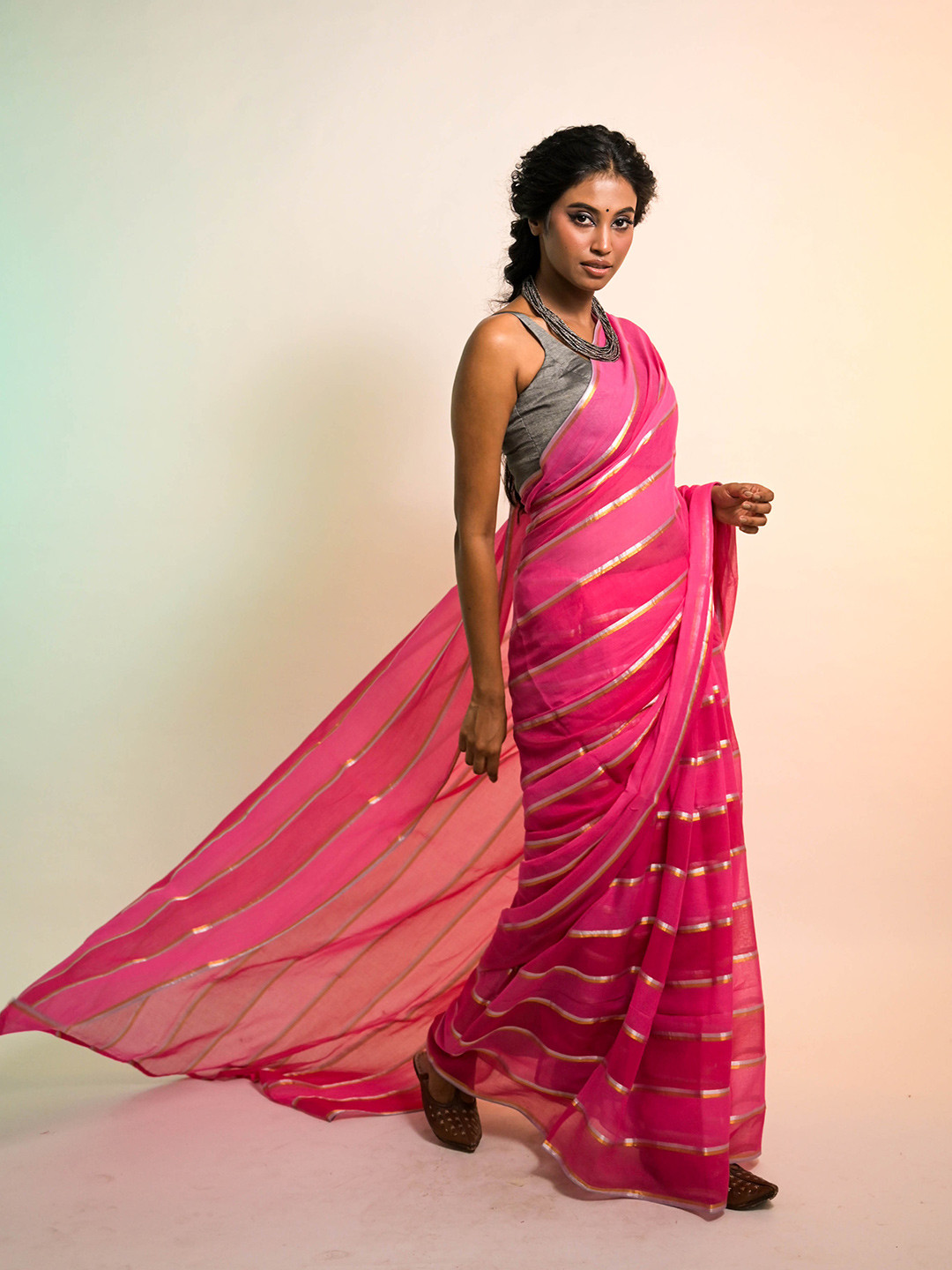 HUTS AND LOOMS Striped Pure Cotton Banarasi Saree