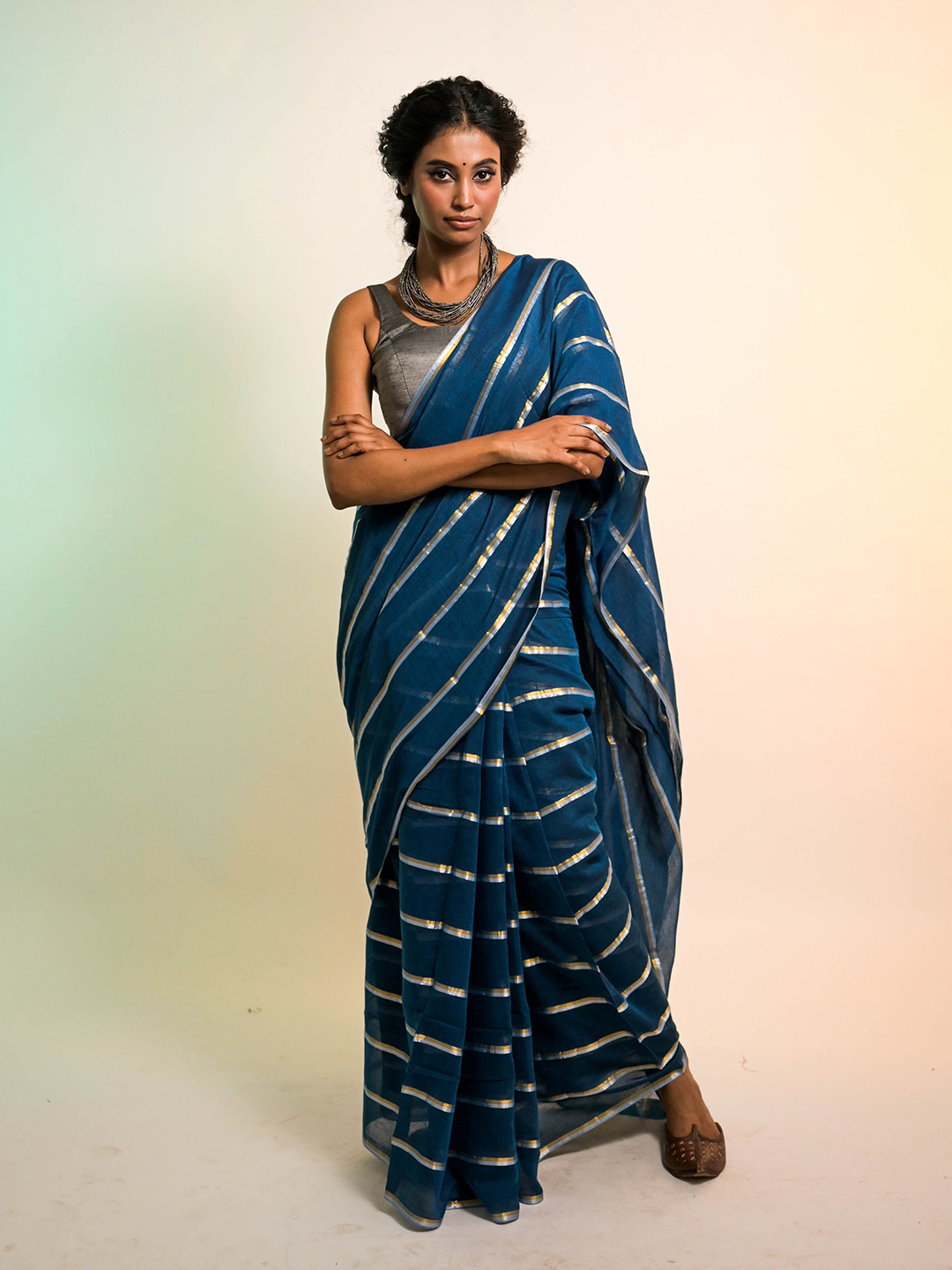 HUTS AND LOOMS Blue Handloom Mul Cotton Saree with Zari Stripes
