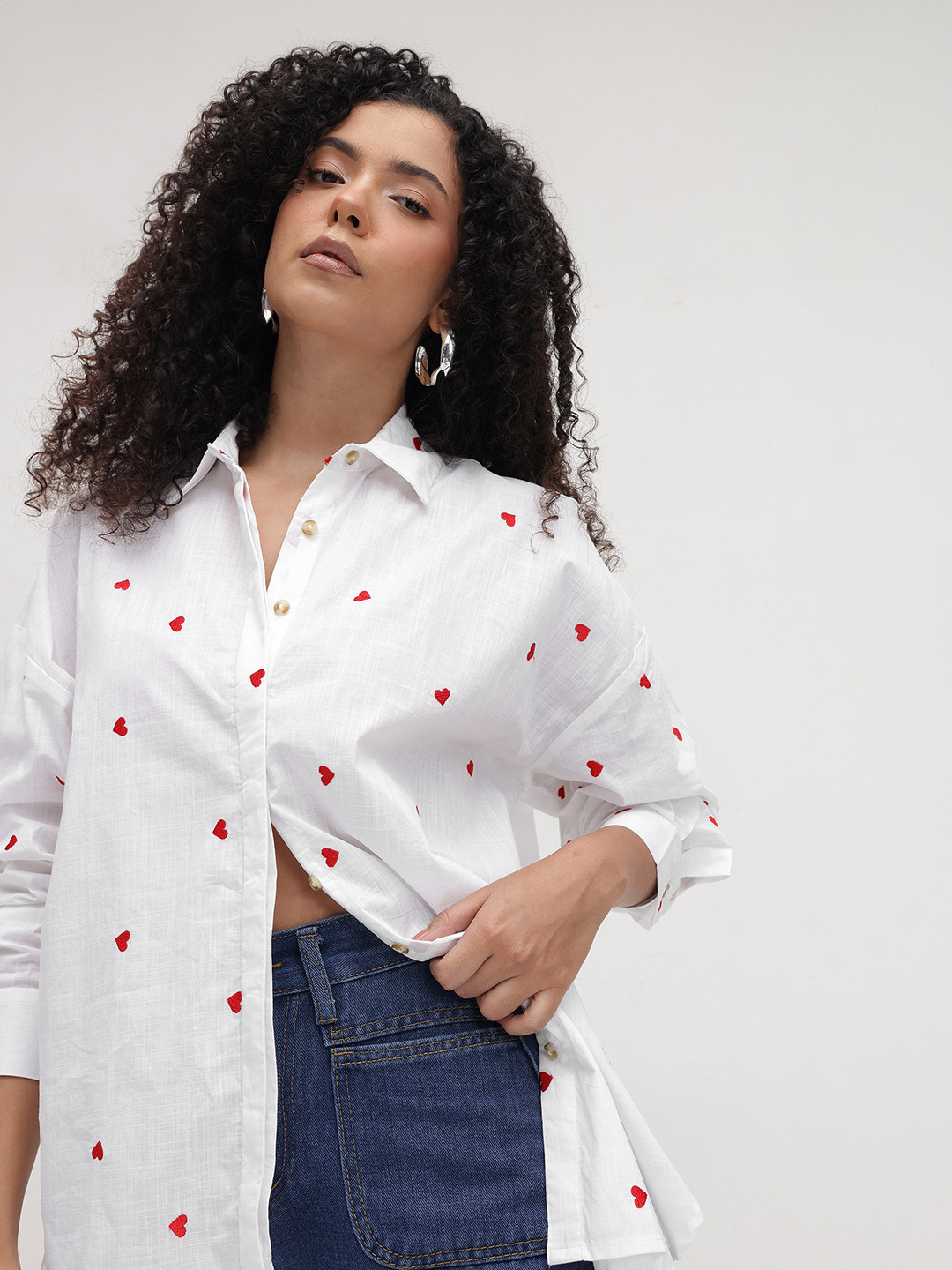 The Lifestyle Co. Classic Embroidered Oversized Pure Cotton Casual Shirt