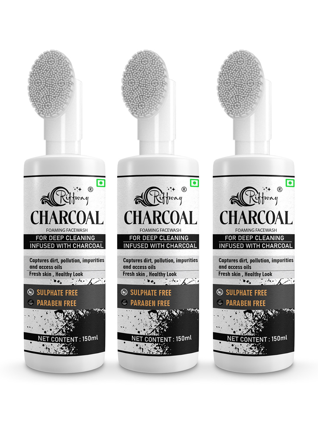 riffway Set Of 3 Charcoal Foaming Face Wash For Deep Cleansing - 150 ml Each