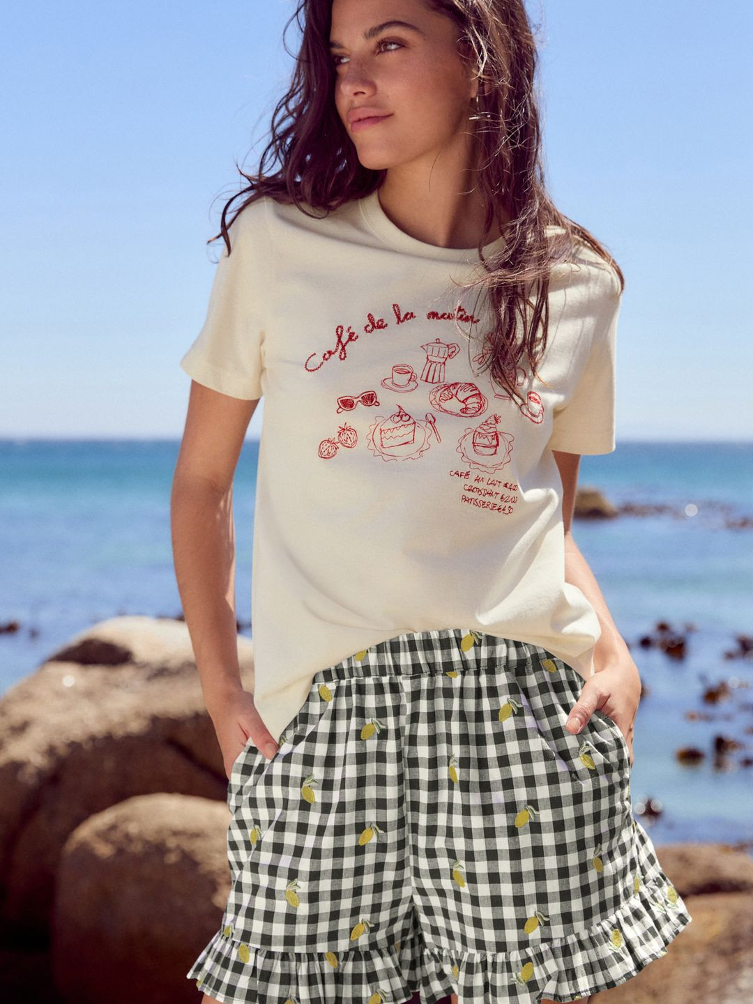 NEXT Women Checked Loose Fit Embroidered & Ruffle Detail Shorts