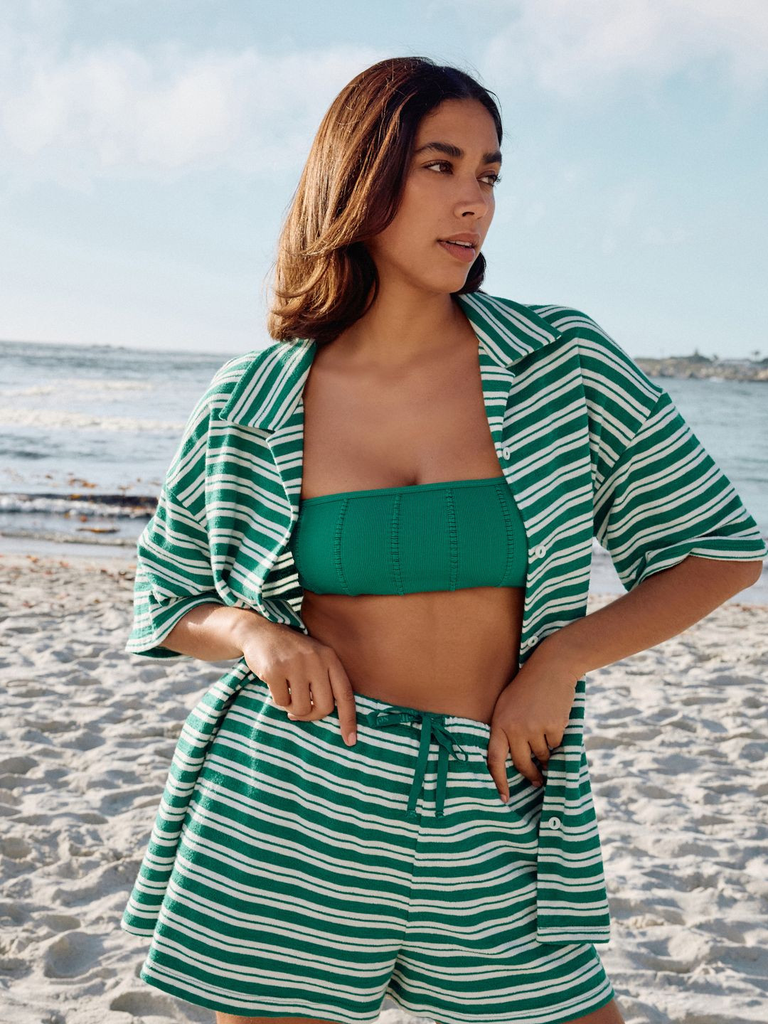 NEXT Horizontal Stripes Pure Cotton Drop-Shoulder Sleeves Cuban Collar Relaxed Fit Shirt