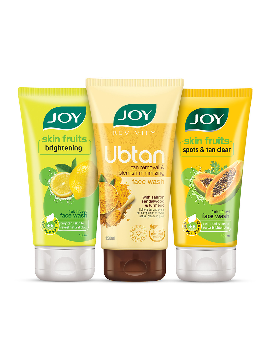 JOY Set Of 3 Lemon, Papaya & Ubtan Tan Removal Face Wash - 150 ml Each
