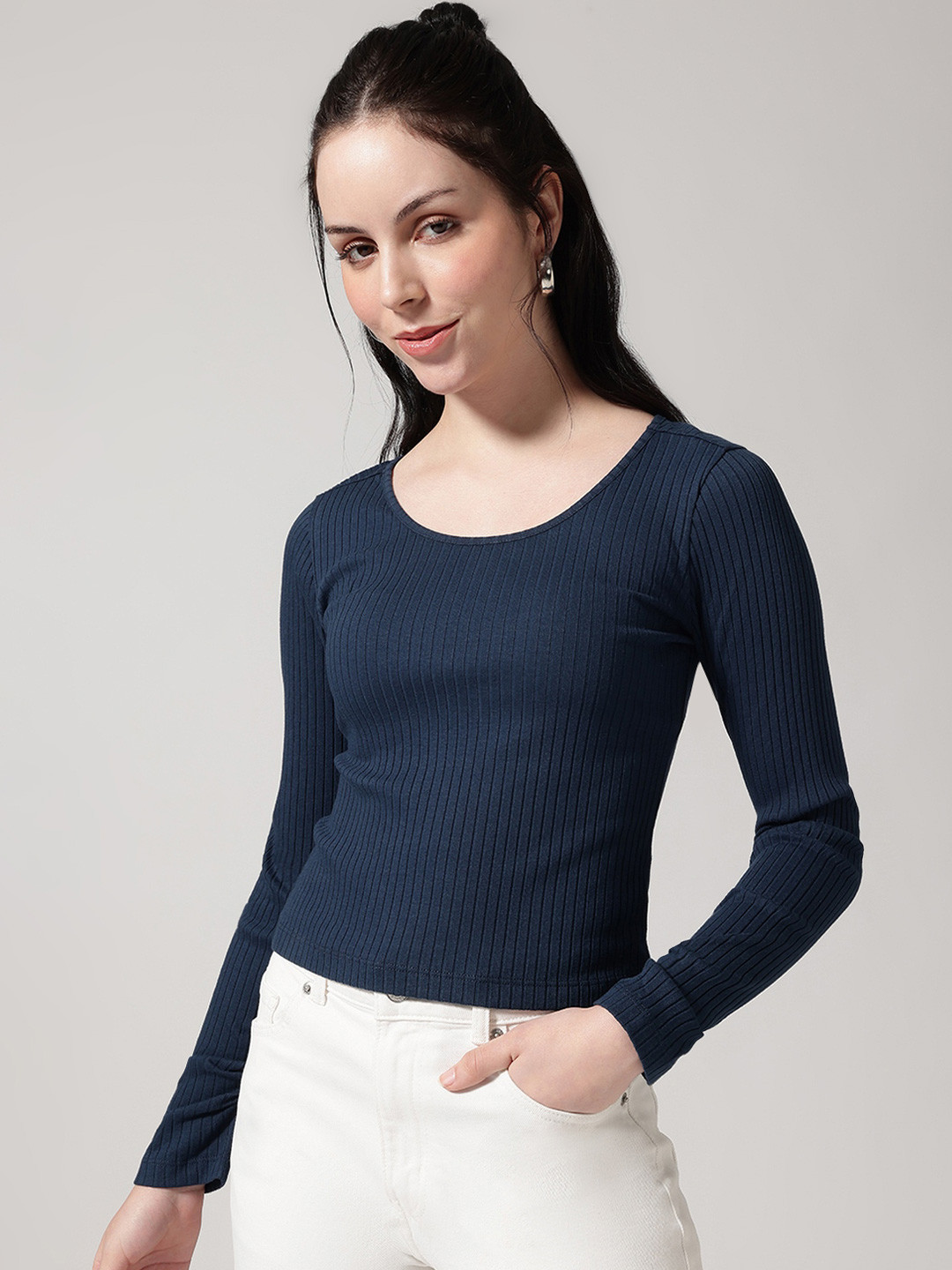 Strong And Brave Women Ribbed Round Neck Long Sleeves Fitted Top
