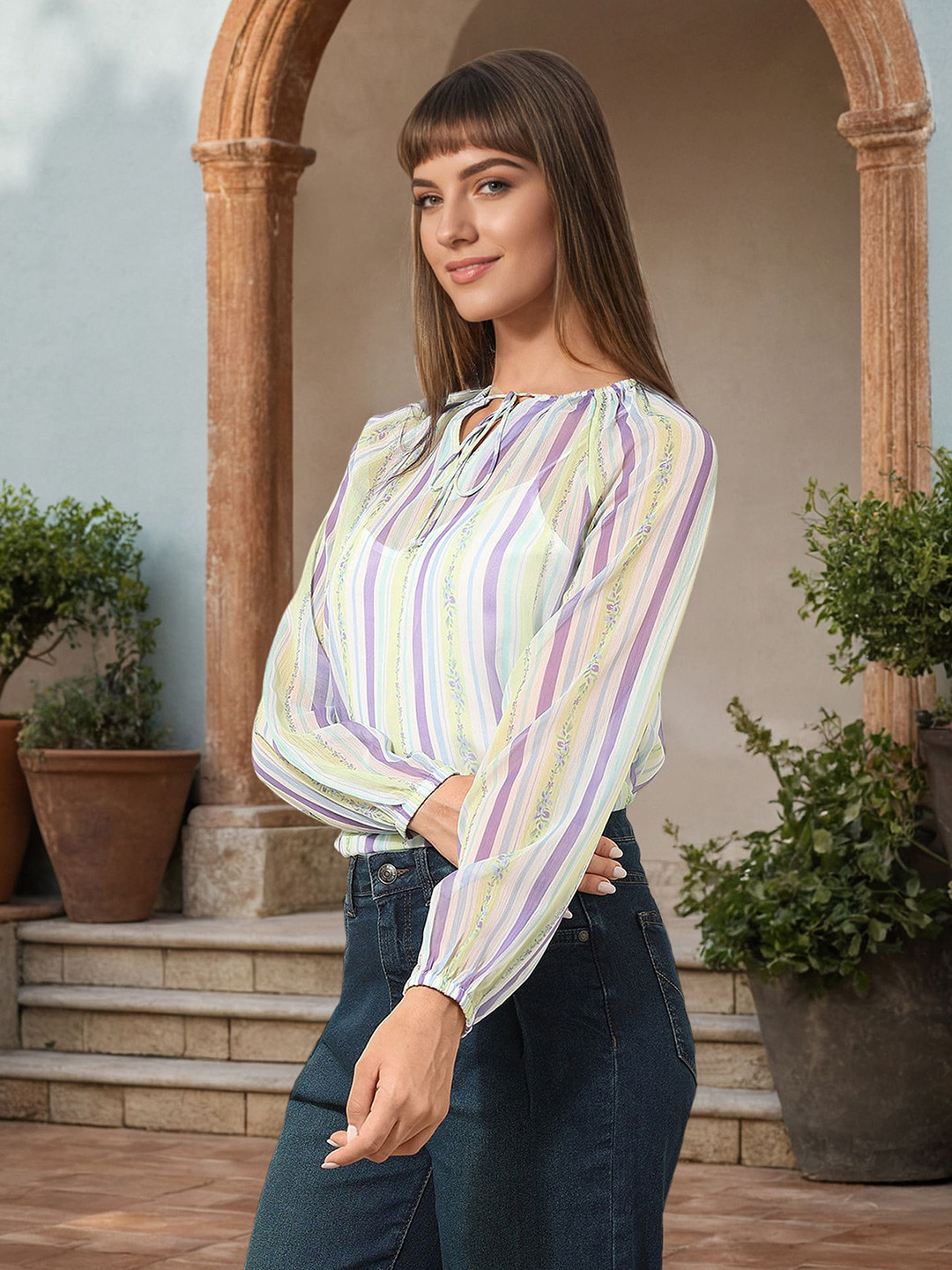 U.S. Polo Assn. Women Vertical Stripes Tie-Up Neck Top