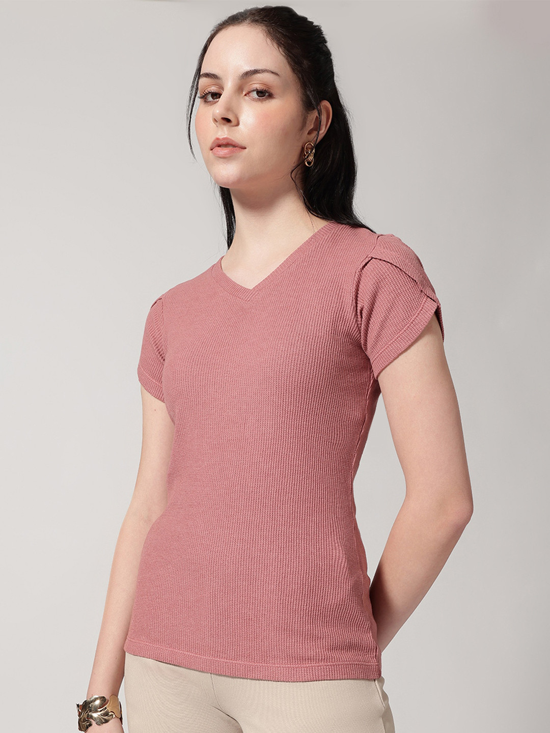 Strong And Brave V-Neck Petal Sleeves Waffle T-shirt