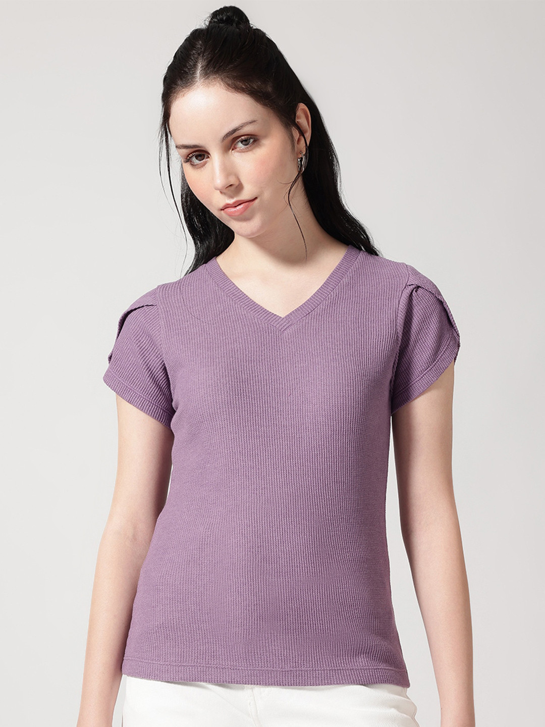 Strong And Brave Women Solid V-Neck Extended Sleeves Raw Edge Relaxed Fit T-shirt