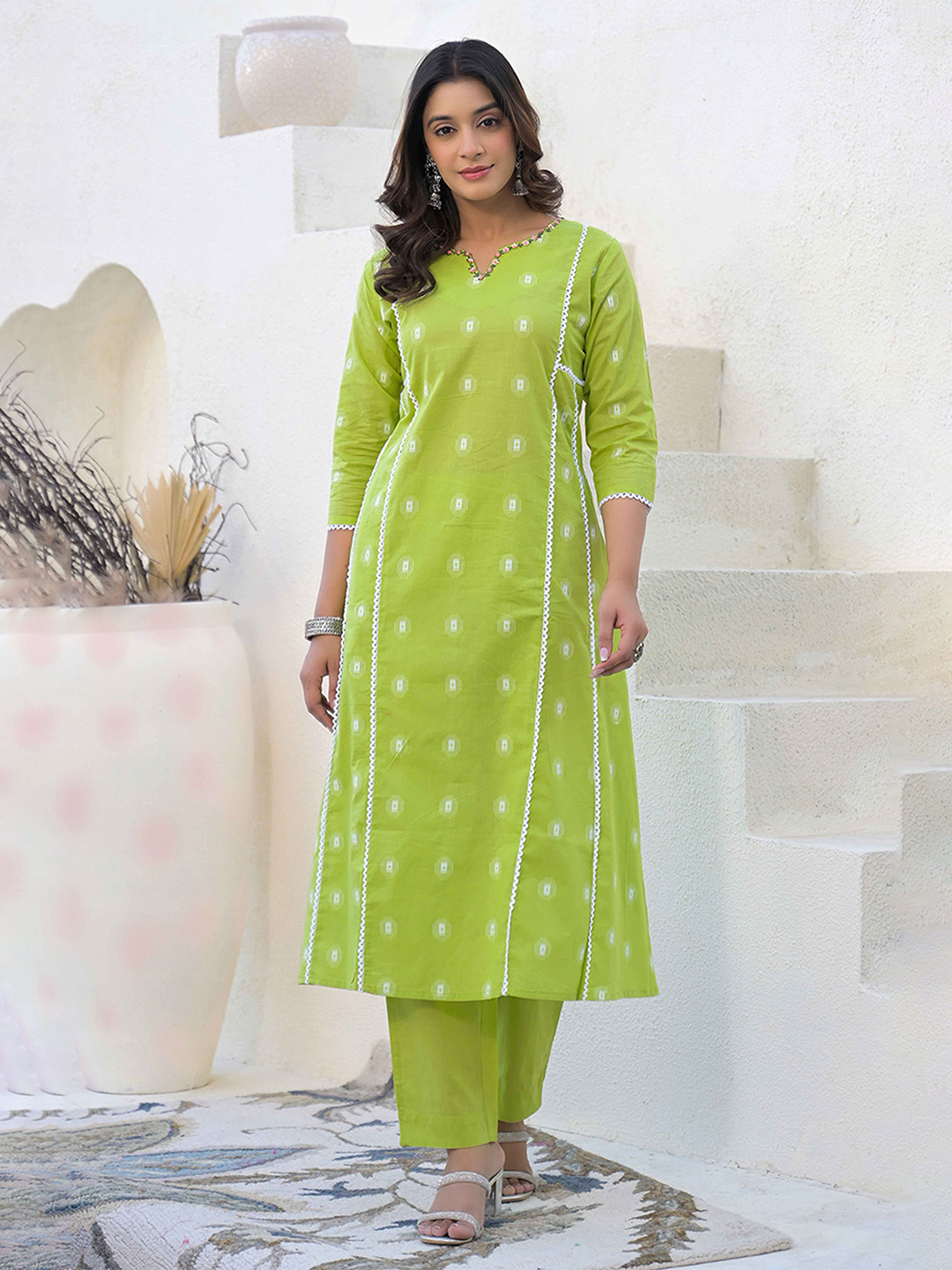 Peachmode Parrot Green Cotton Floral Prints and Elegant Neck Detailing Top & Bottom Set