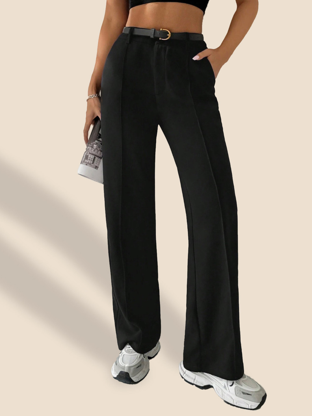 QIOA Women Relaxed High-Rise Solid Formal Trousers