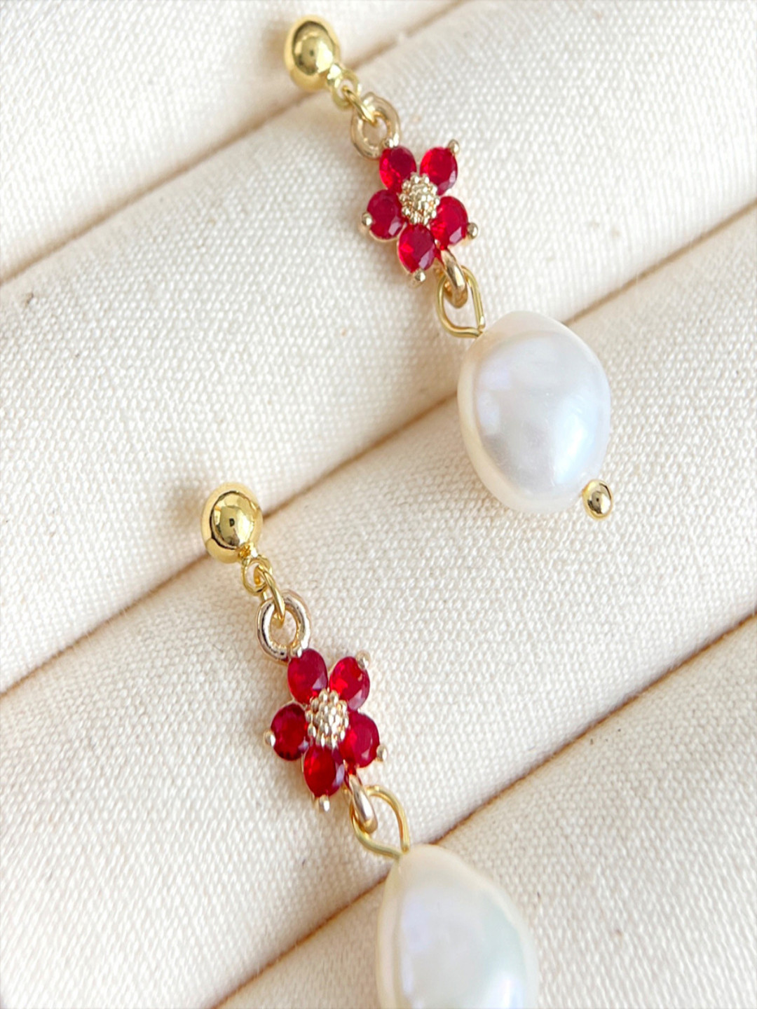 AQUASTREET Gold Plated Dainty Floral Red Zircon and White Pearl Drop Hanging Earrings