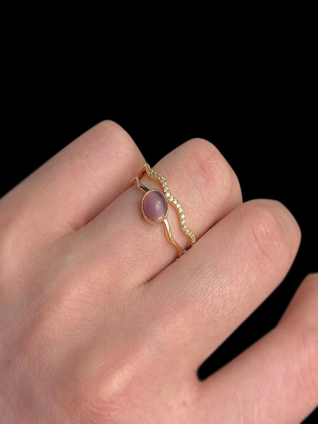 AQUASTREET 14K Gold Plated Anti-tarnish Dual Layer Purple and White Stone Adjustable Ring