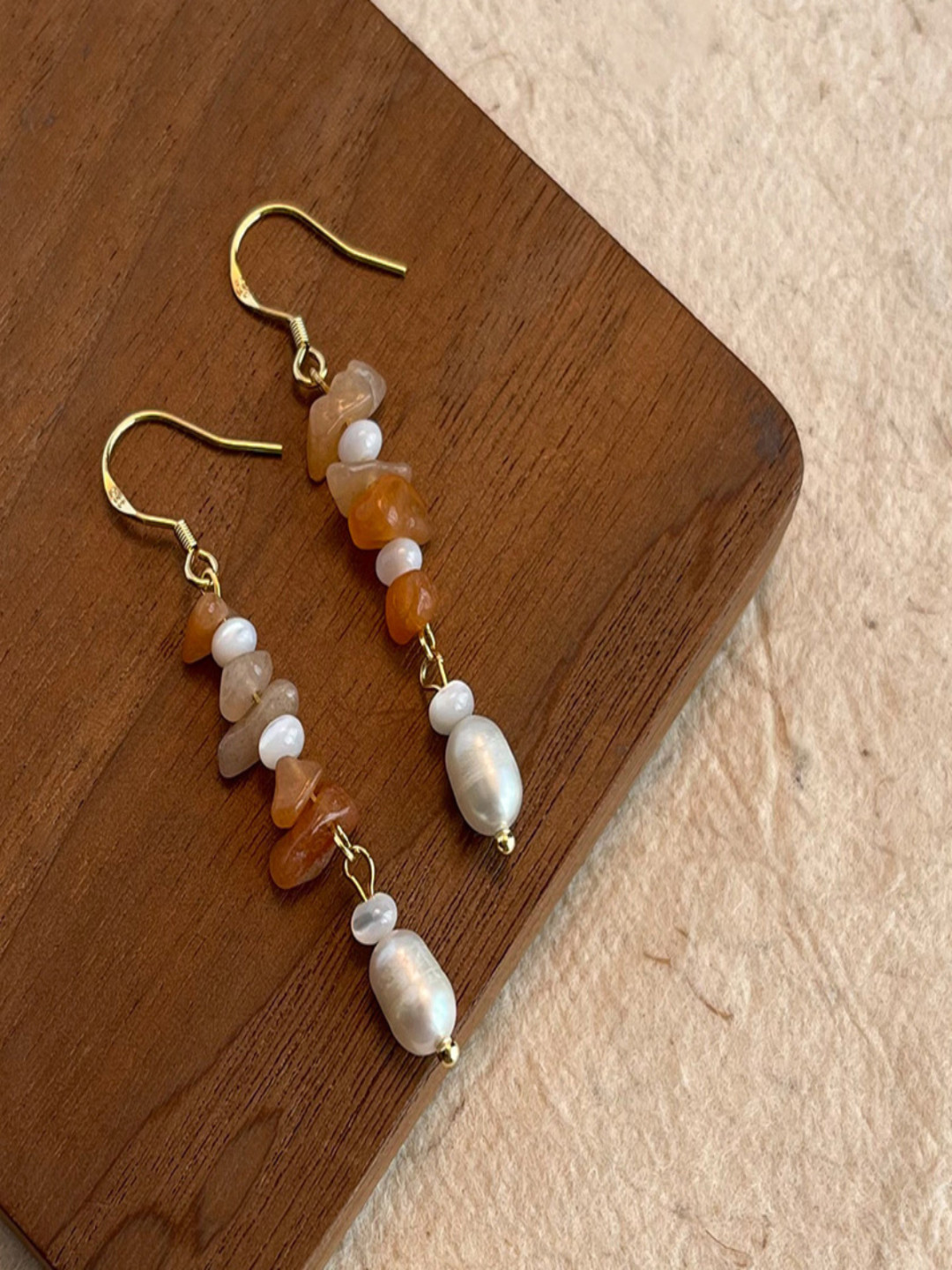 AQUASTREET Gold Plated Dainty Orange Natural Stones and Pearl Drop Hanging Earrings