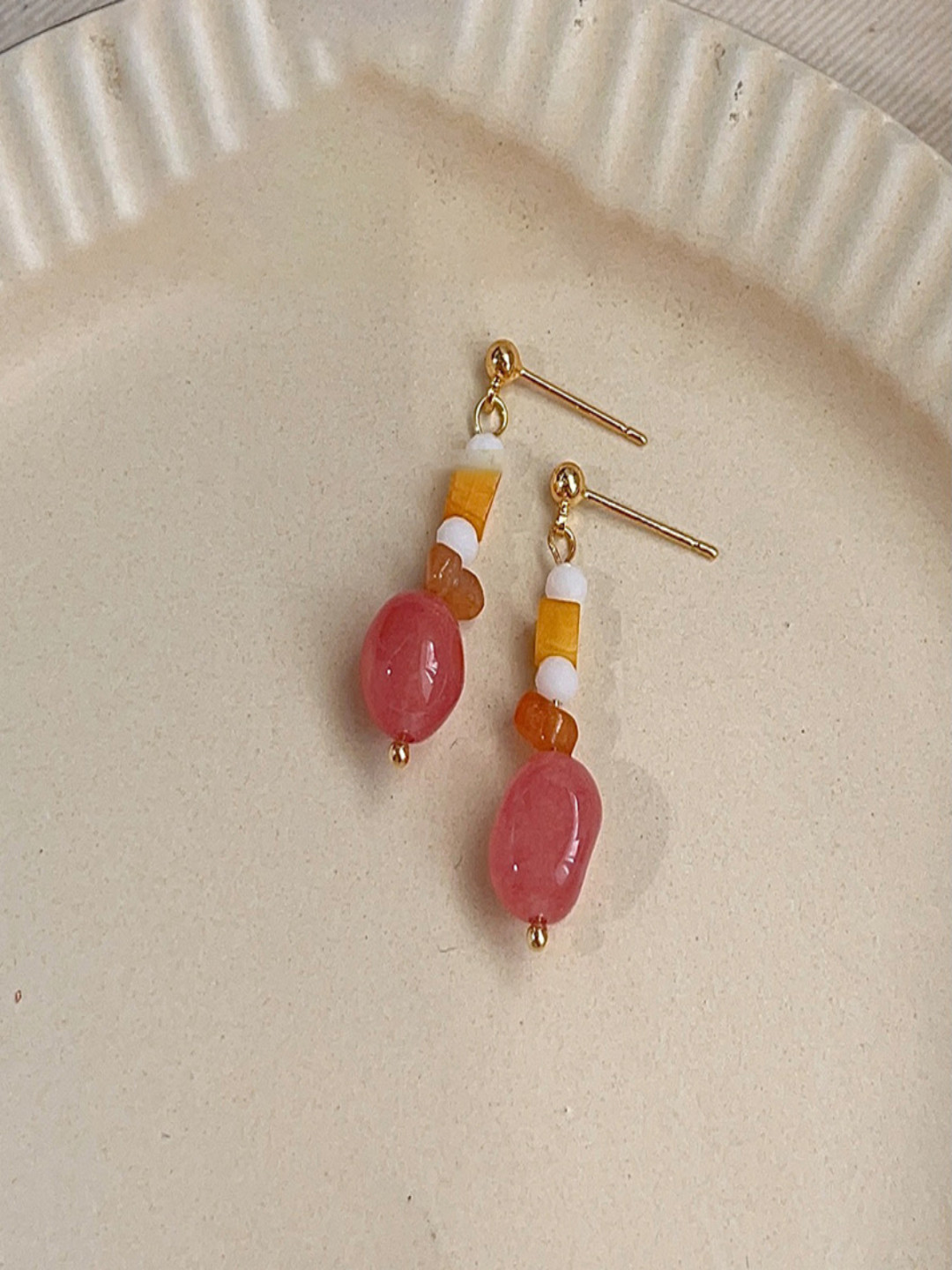 AQUASTREET Gold Plated Dainty Orange Natural Stone and Pearl Drop Hanging Earring