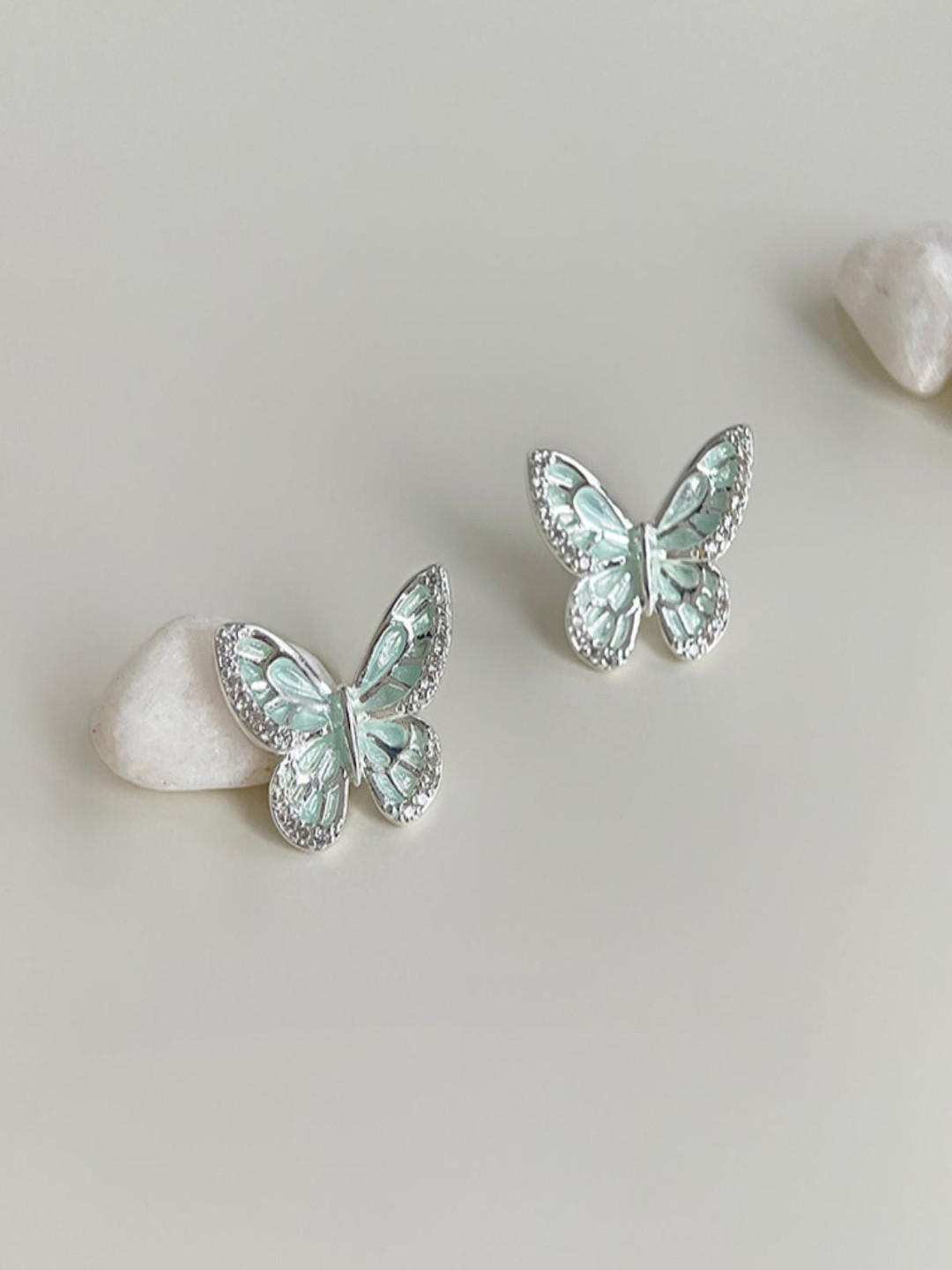 AQUASTREET Silver Plated Dainty Minimal Light Green Butterfly Stud Earrings