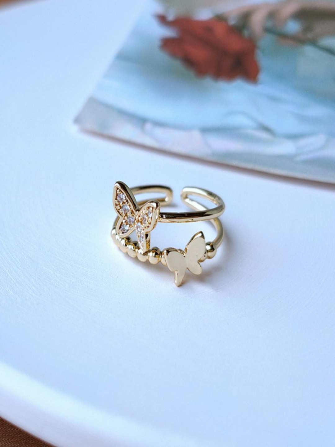 AQUASTREET 14K Gold Plated Anti-tarnish Dual Layer Butterfly Adjustable Ring