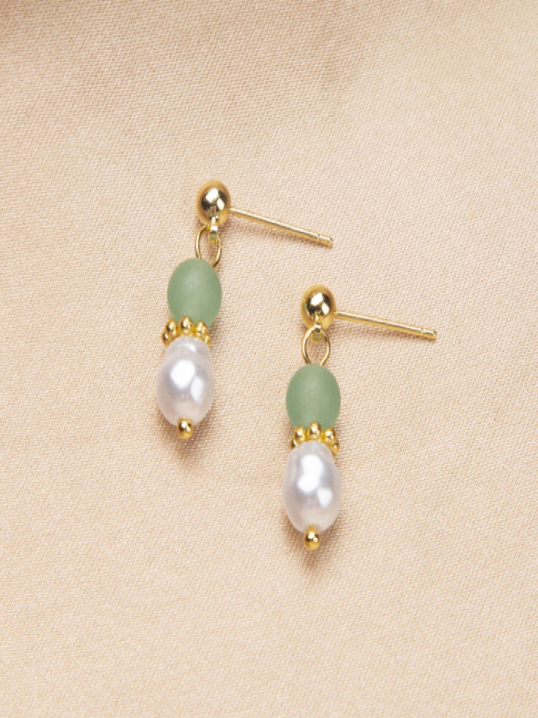 AQUASTREET Gold Plated Dainty Green and White Pearl Drop Hanging Earrings