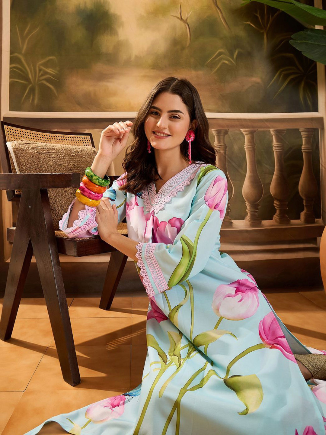 Sangria Women Floral Print Summer Asymmetrical Kurta With Afghani Pant Set