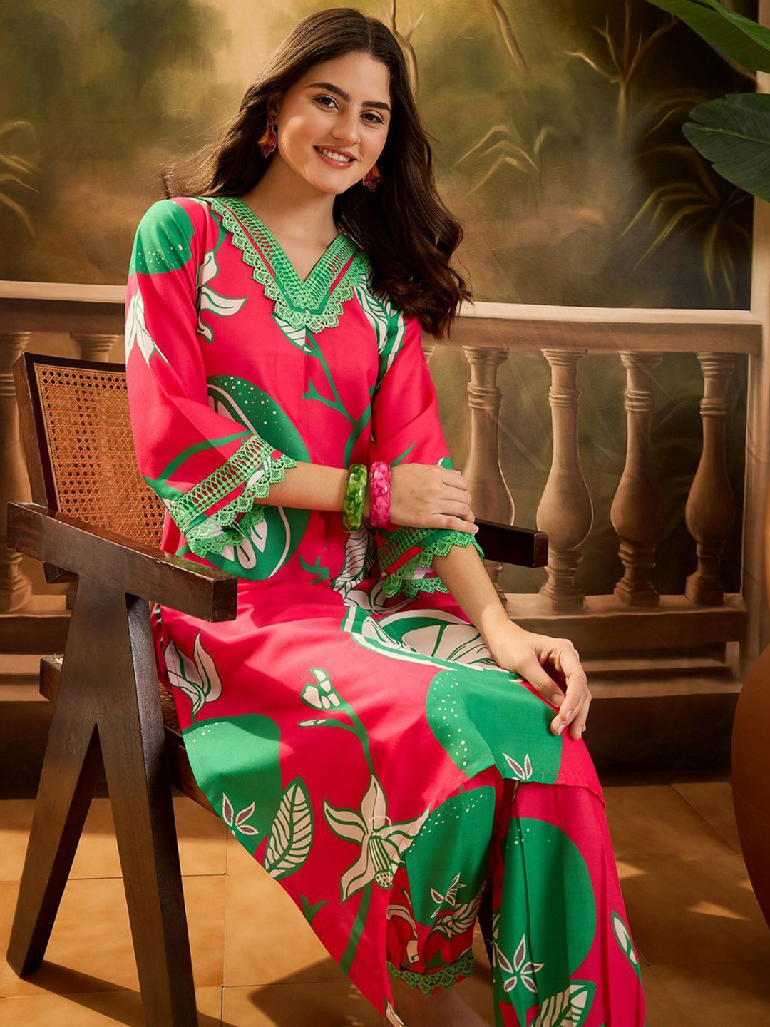 Sangria Women Floral Print Summer Asymmetrical Kurta With Afghani Pant Set