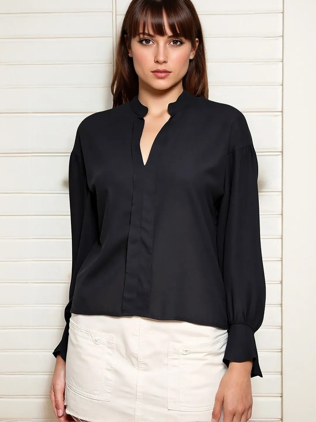 bebe Black V-Neck Mandarin Collar Bishop Sleeves Top