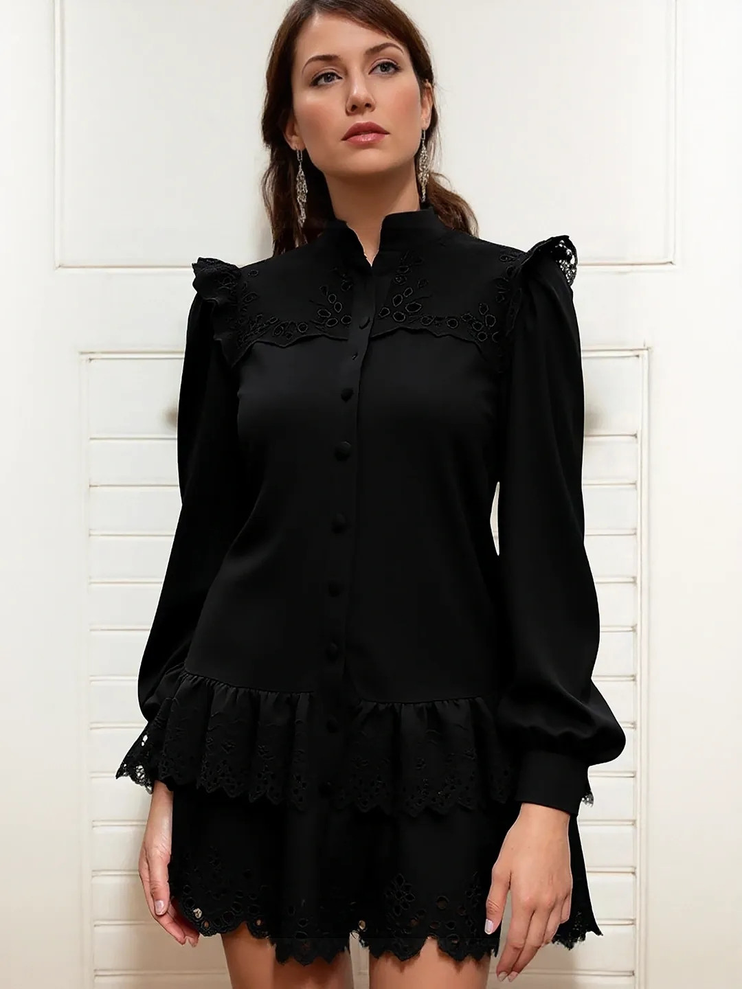 bebe Black Mandarin Collar Long Sleeve Ruffle Hem Mini Dress with Eyelet Trim