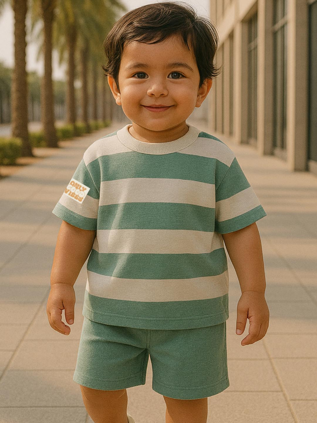 Nap Chief Infants Unisex Good Vibes Printed Pure Cotton Striped T-Shirt & Cargo Shorts