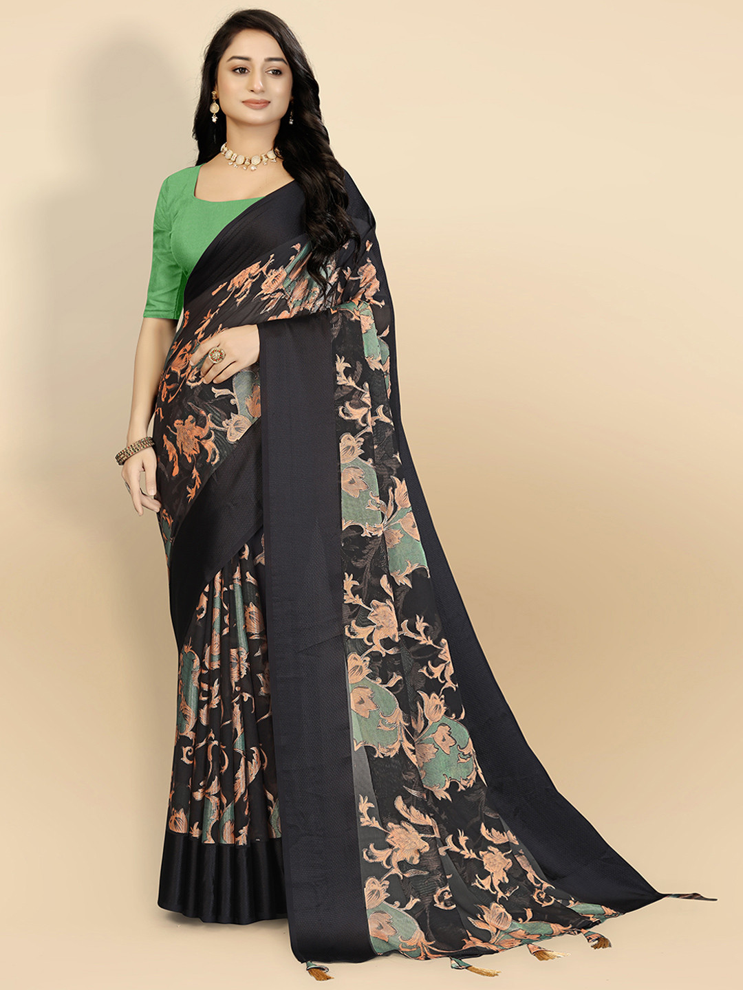 Peachmode Sea Green Brasso Printed Sarees