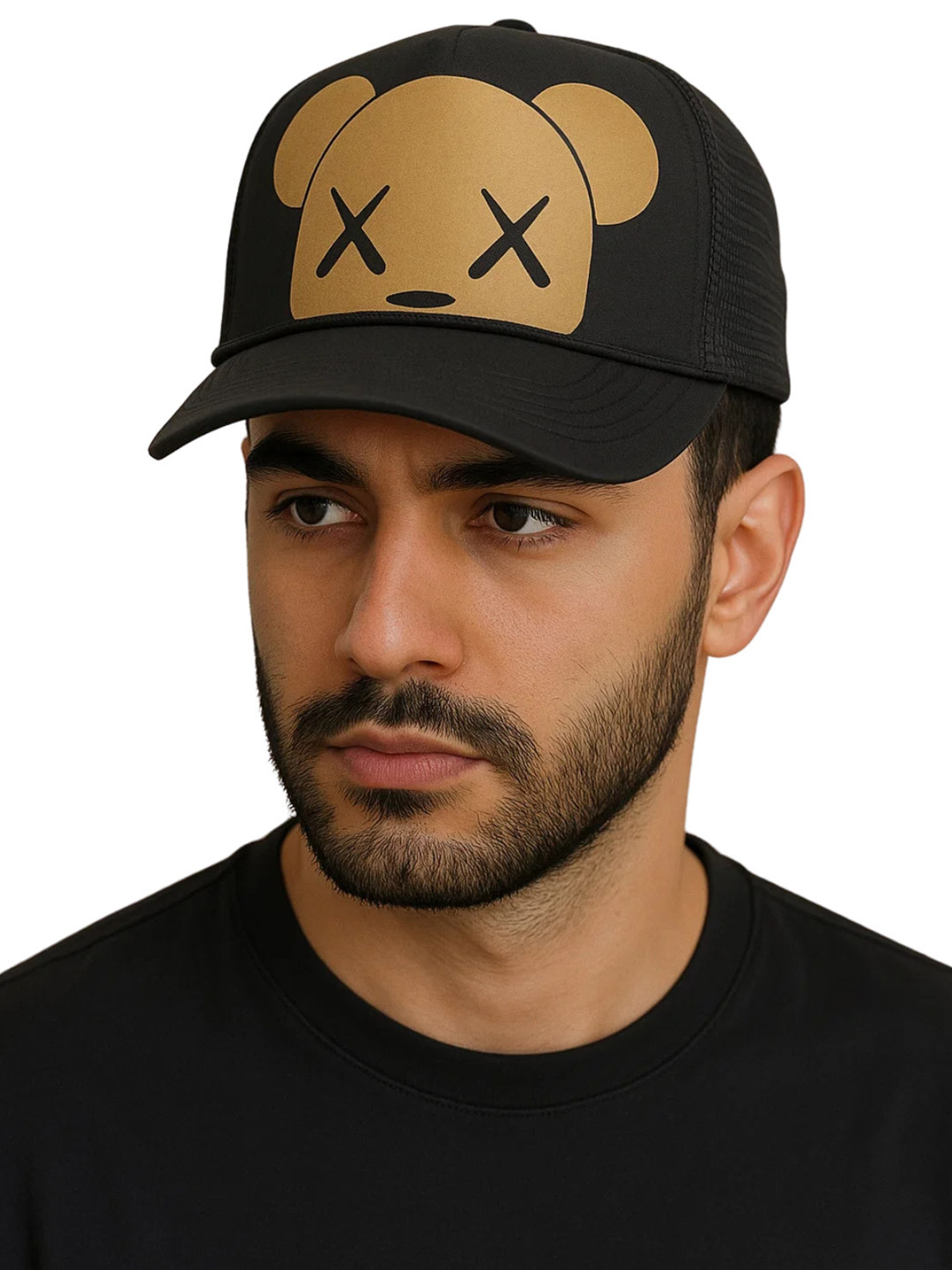 The Tie Hub Gold Bear Face Print Unisex Adjustable Mesh Snapback Black Trucker Cap