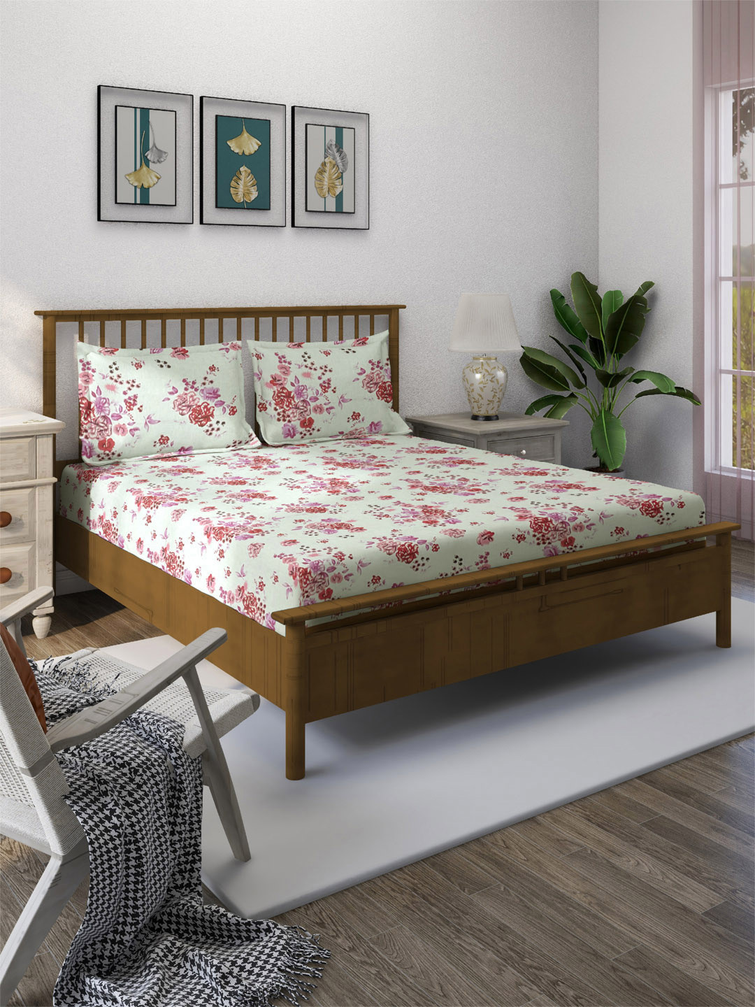 SWAYAM Veda Pink Floral Cotton 160 TC Queen Bedsheet with 2 Pillow Covers-228.6 x 274.32 cm
