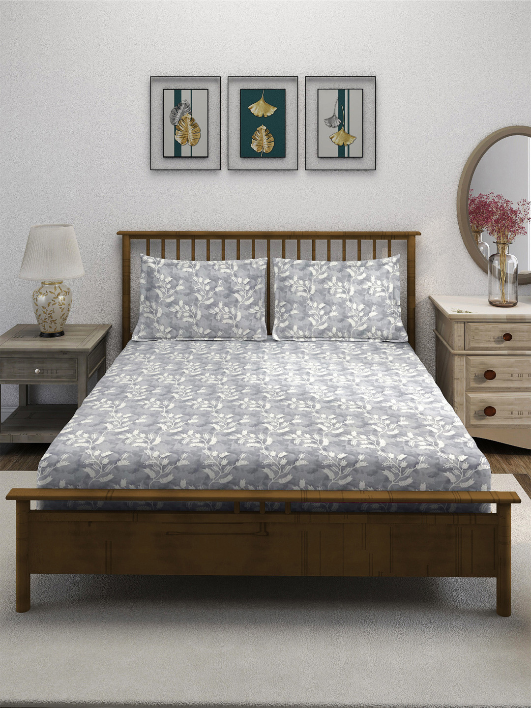 SWAYAM Veda Grey Leaf Cotton 160 TC Super King Bedsheet with 2 Pillow Covers-198 x 183 x 24 cm