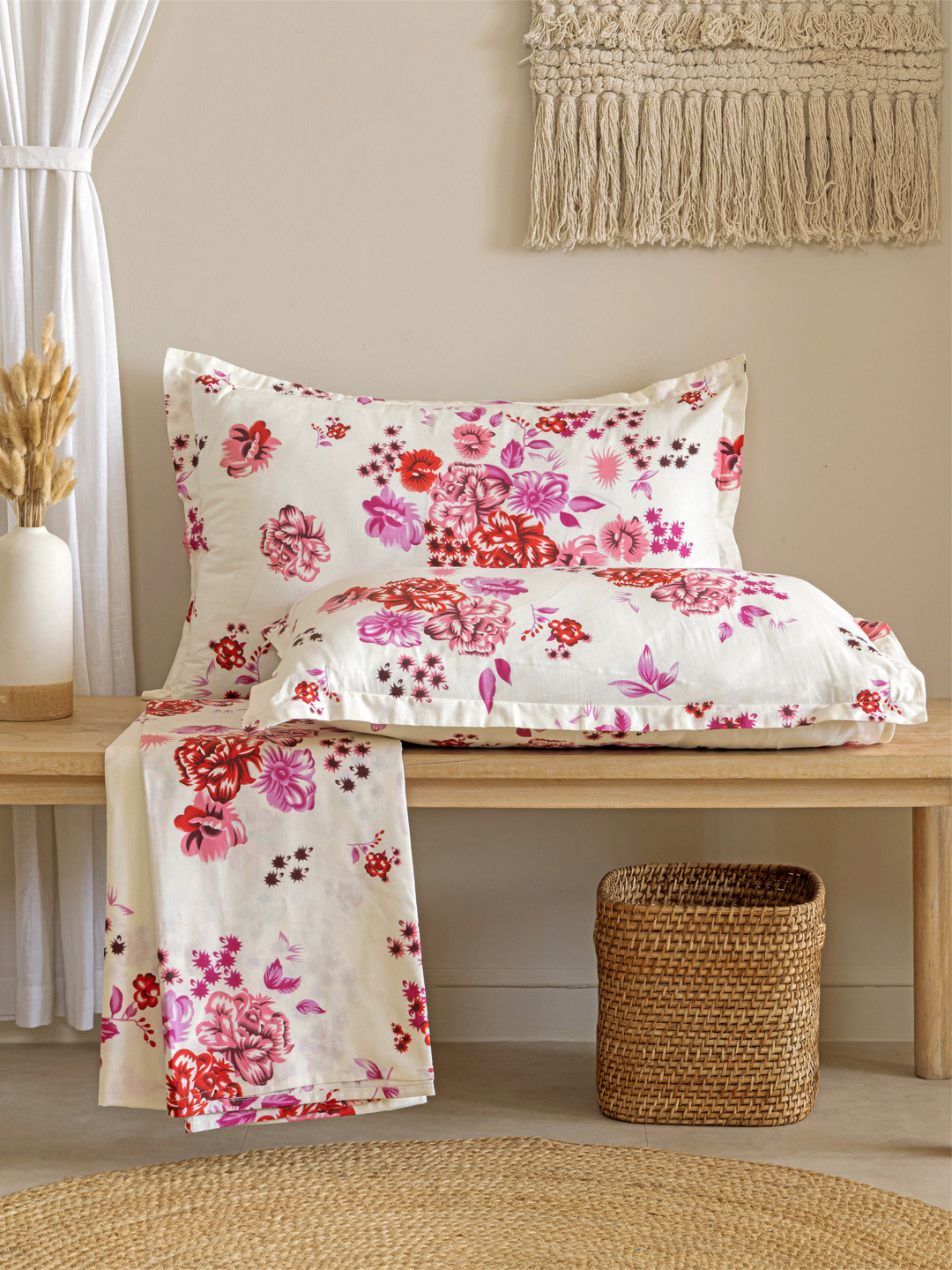 SWAYAM Veda Green Floral Cotton Skin-Friendly 160 TC Super King Bedsheet with 2 Pillow Covers-183 x 198 cm