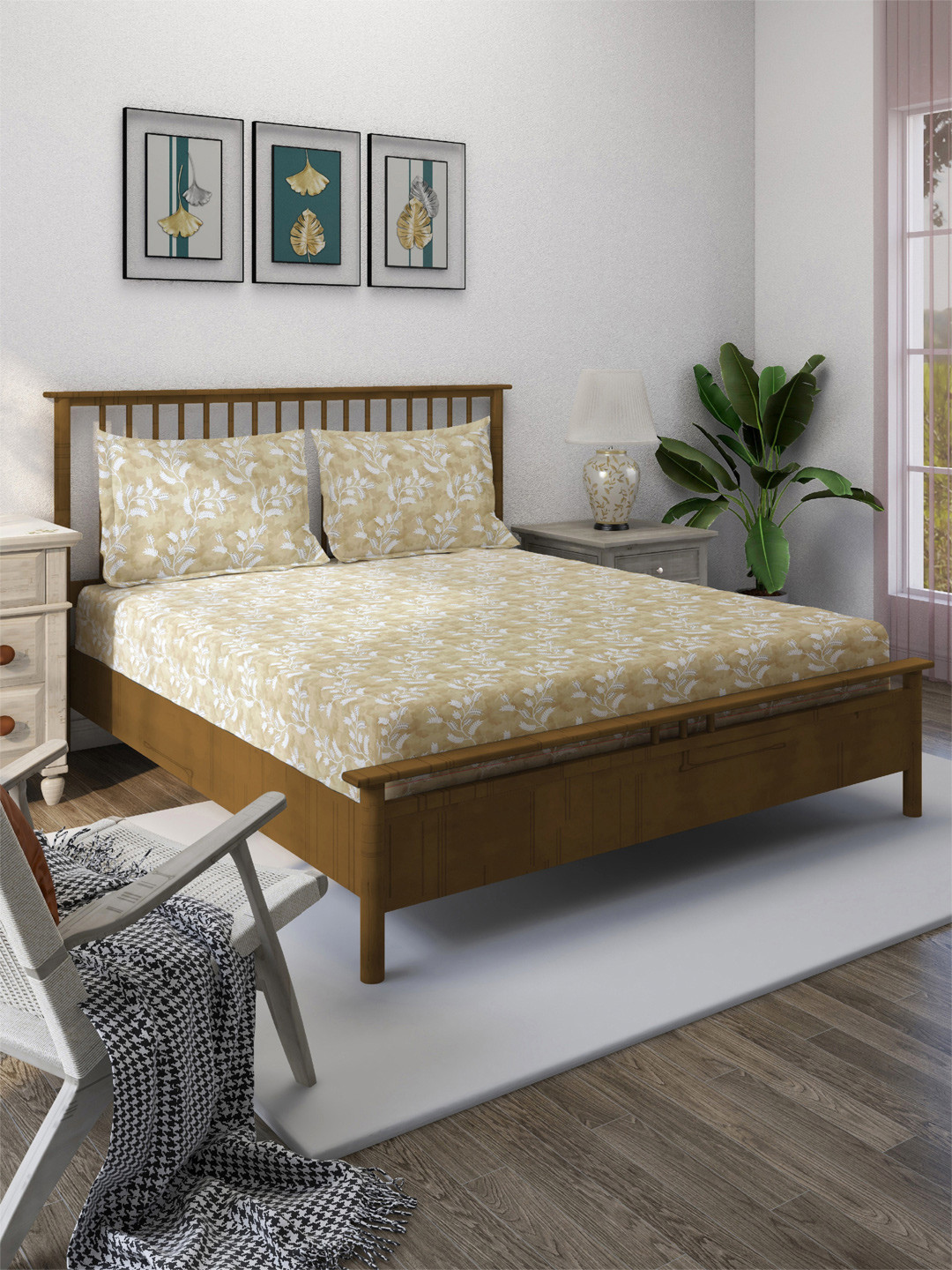 SWAYAM Veda Beige Leaf Cotton Skin-Friendly 160 TC Super King Bedsheet with 2 Pillow Covers-182.8 x 193.72 x 10 inches