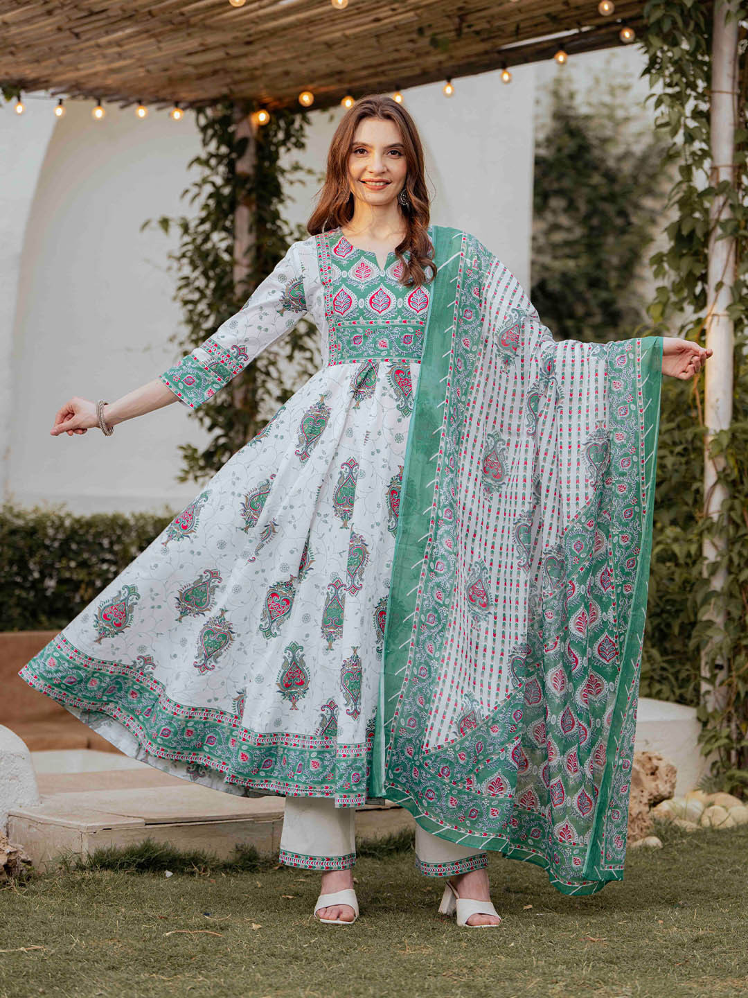 Mizaz Floral Printed Notch Neck Anarkali Pure Cotton Kurta With Trousers & Dupatta