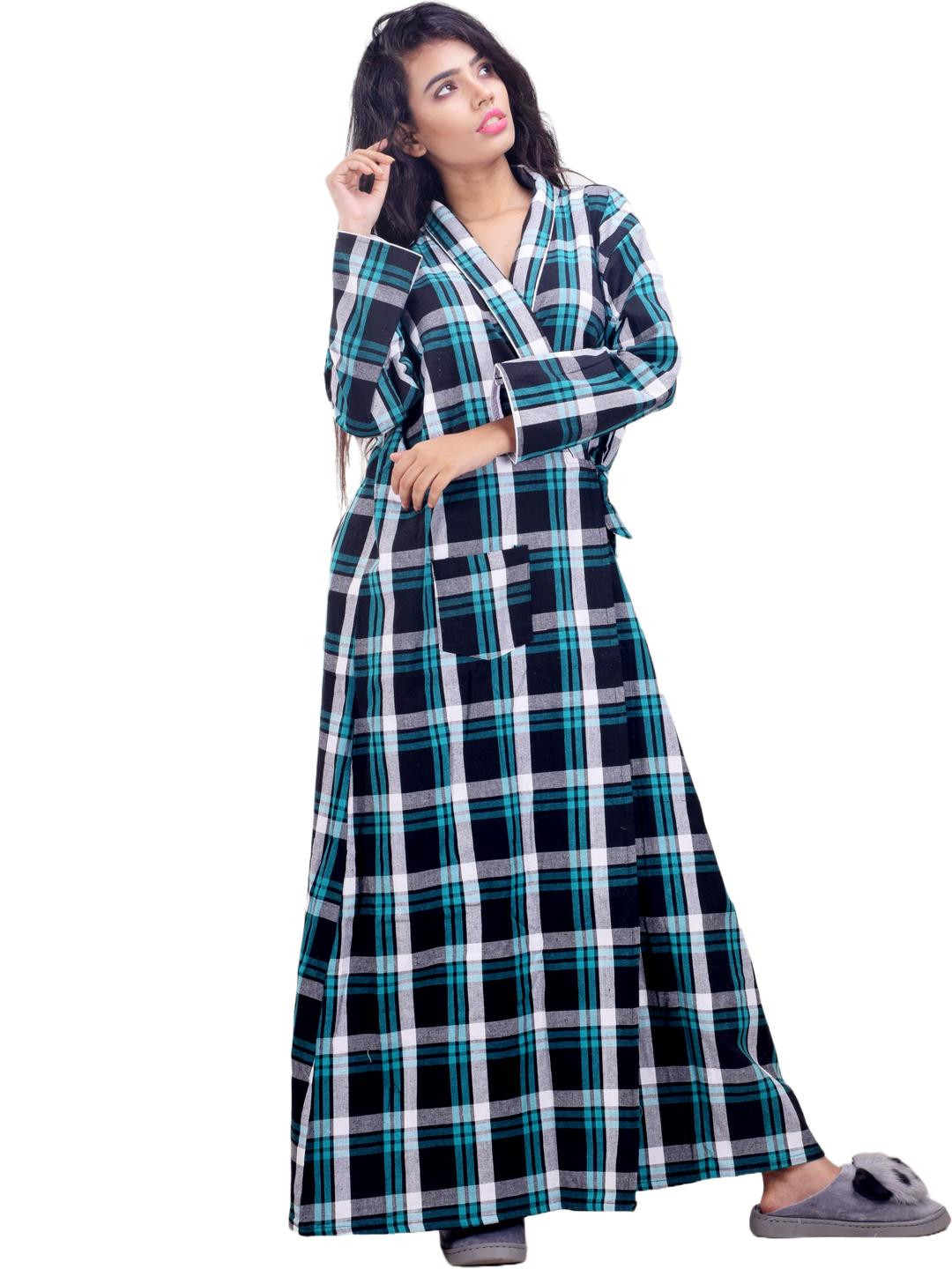 CLYMAA Sea Green Wool Blend Maxi Checked Nightdress
