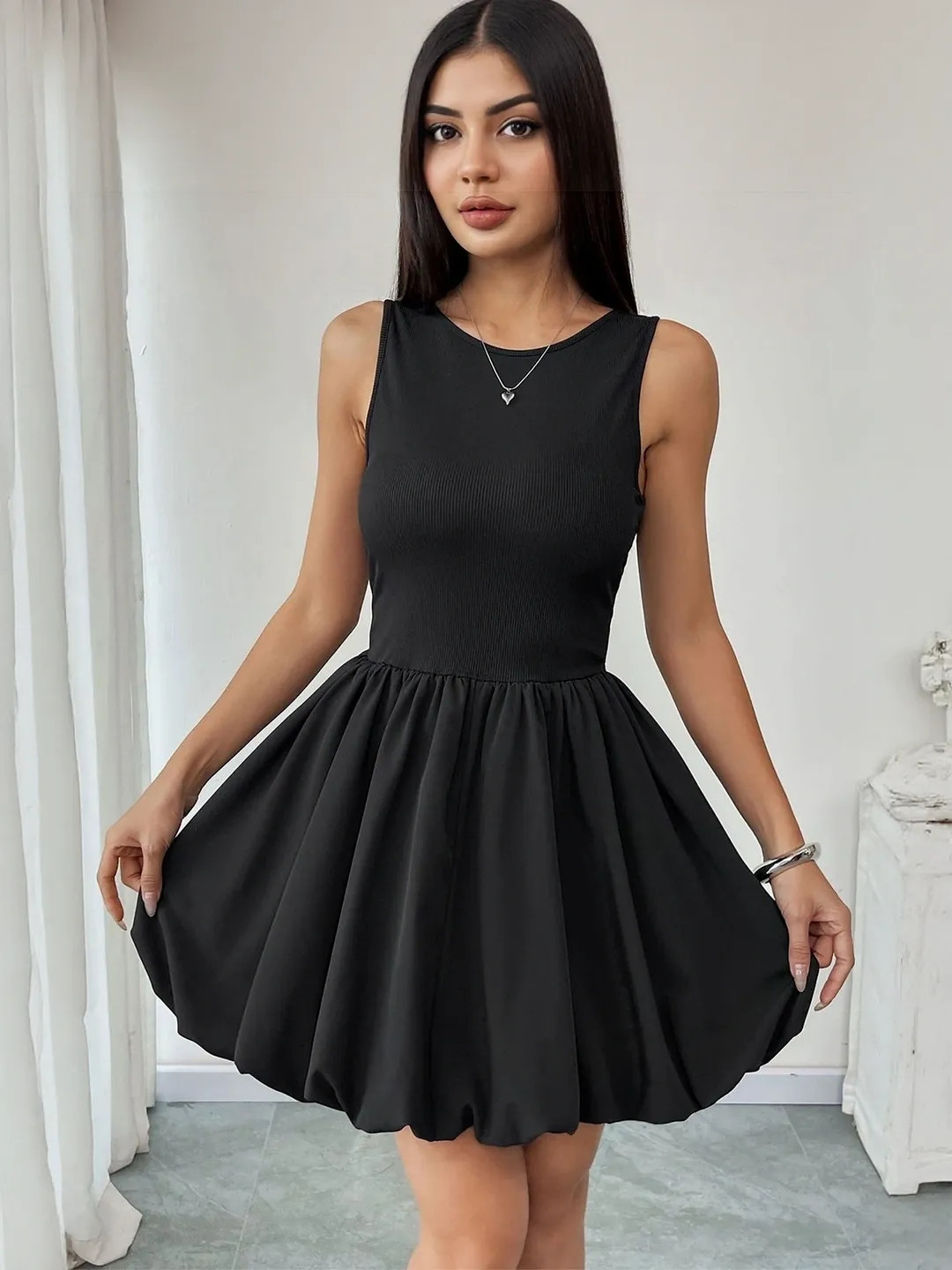 bebe Black Sleeveless Bubble Hem Fit & Flare Mini Dress