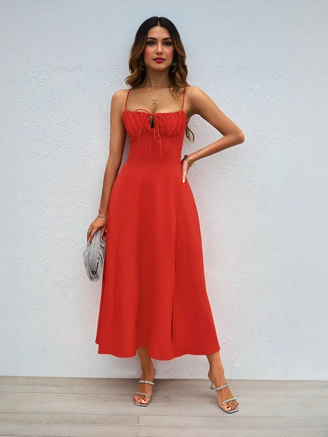 bebe Red Spaghetti Strap Ruched Front Midi Dress