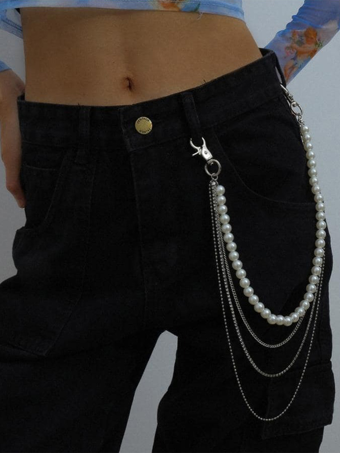 Its 4 You Unisex Silver-Rhinestone & Pearl Side Pant Chain