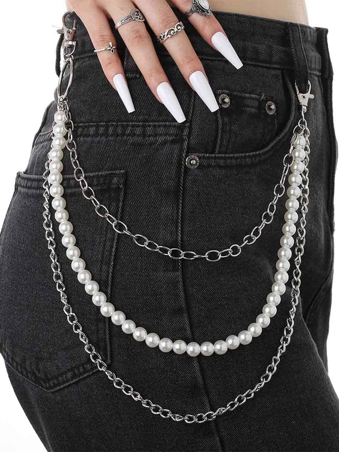 Its 4 You Unisex Silver-White Pearl Jeans Chain