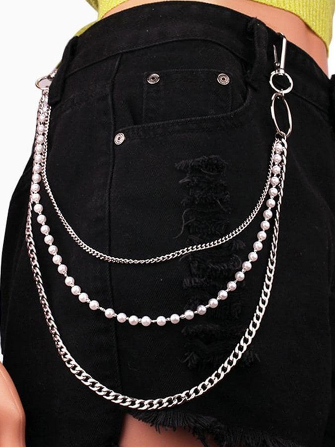 Its 4 You Unisex Silver-Three Layer Silver Pearl Side Pant Chain