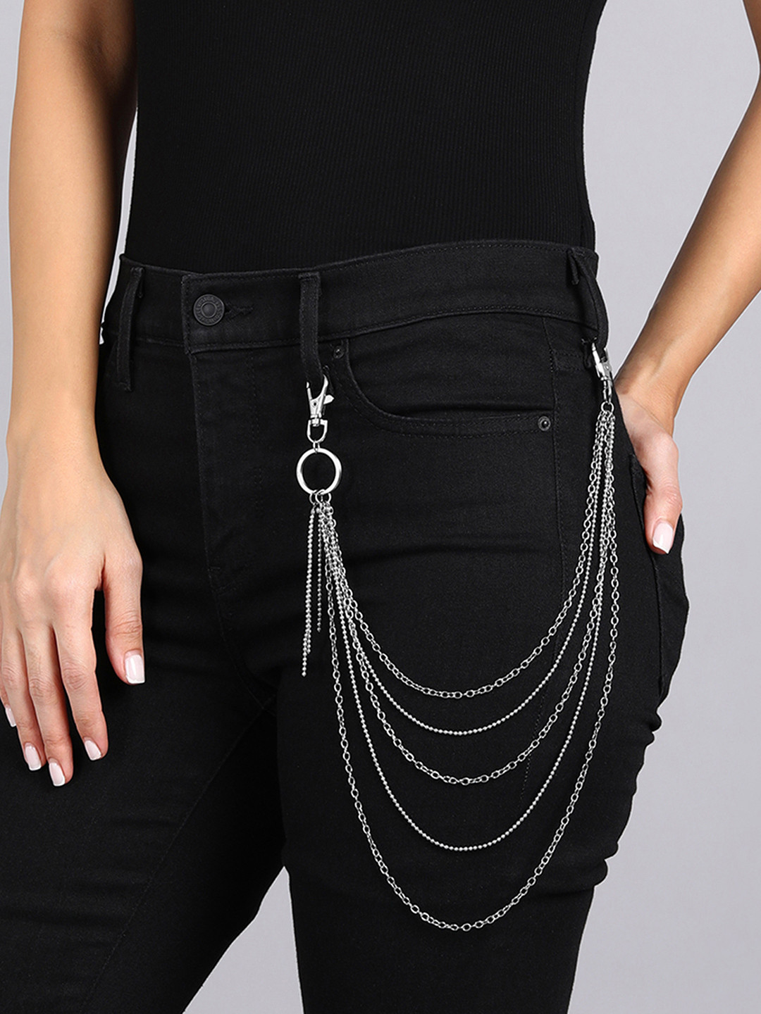 Its 4 You Unisex Silver-Multi Layer Pants Chain With Tassel